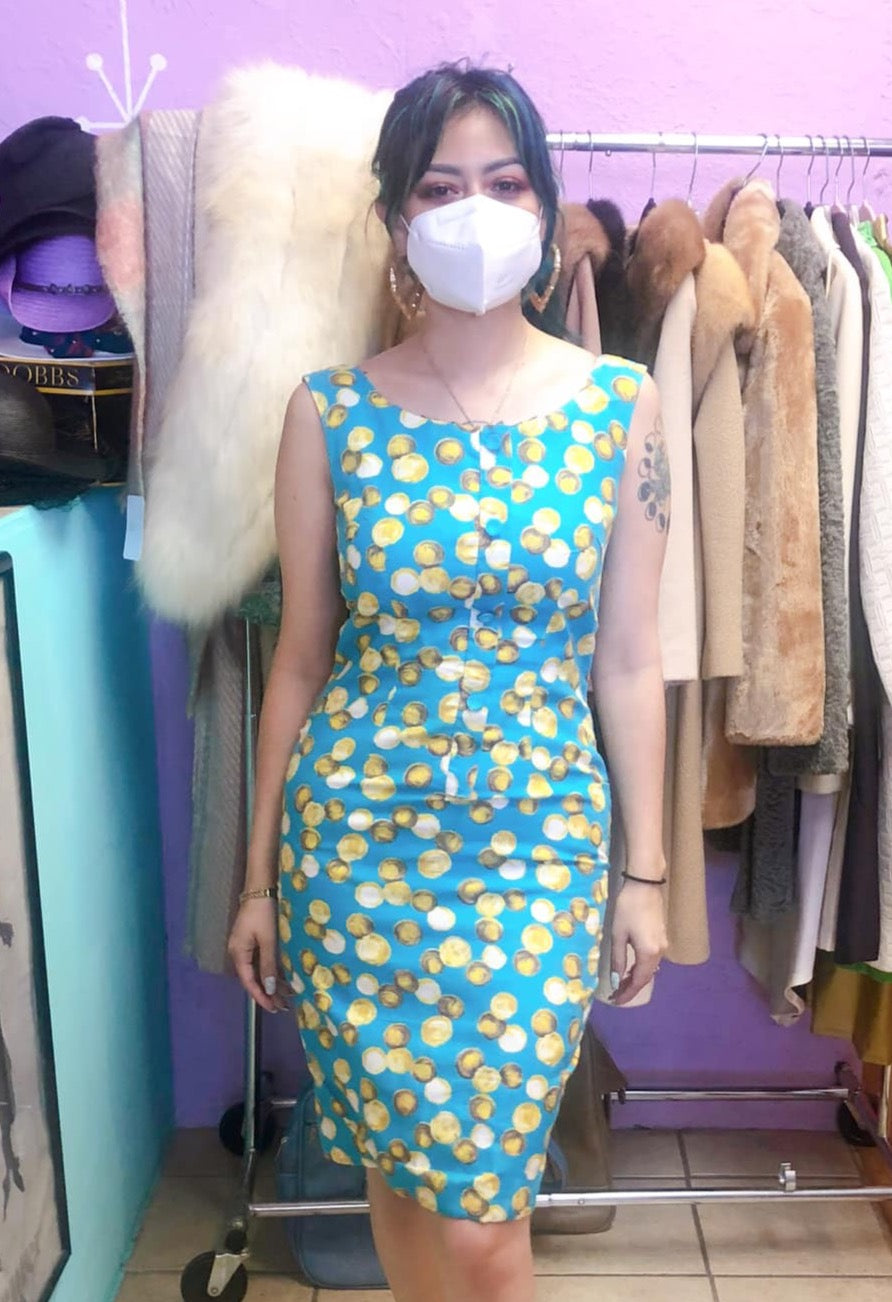 1950's 'Lettuce' 'Onion' Print Blue Wiggle Dress