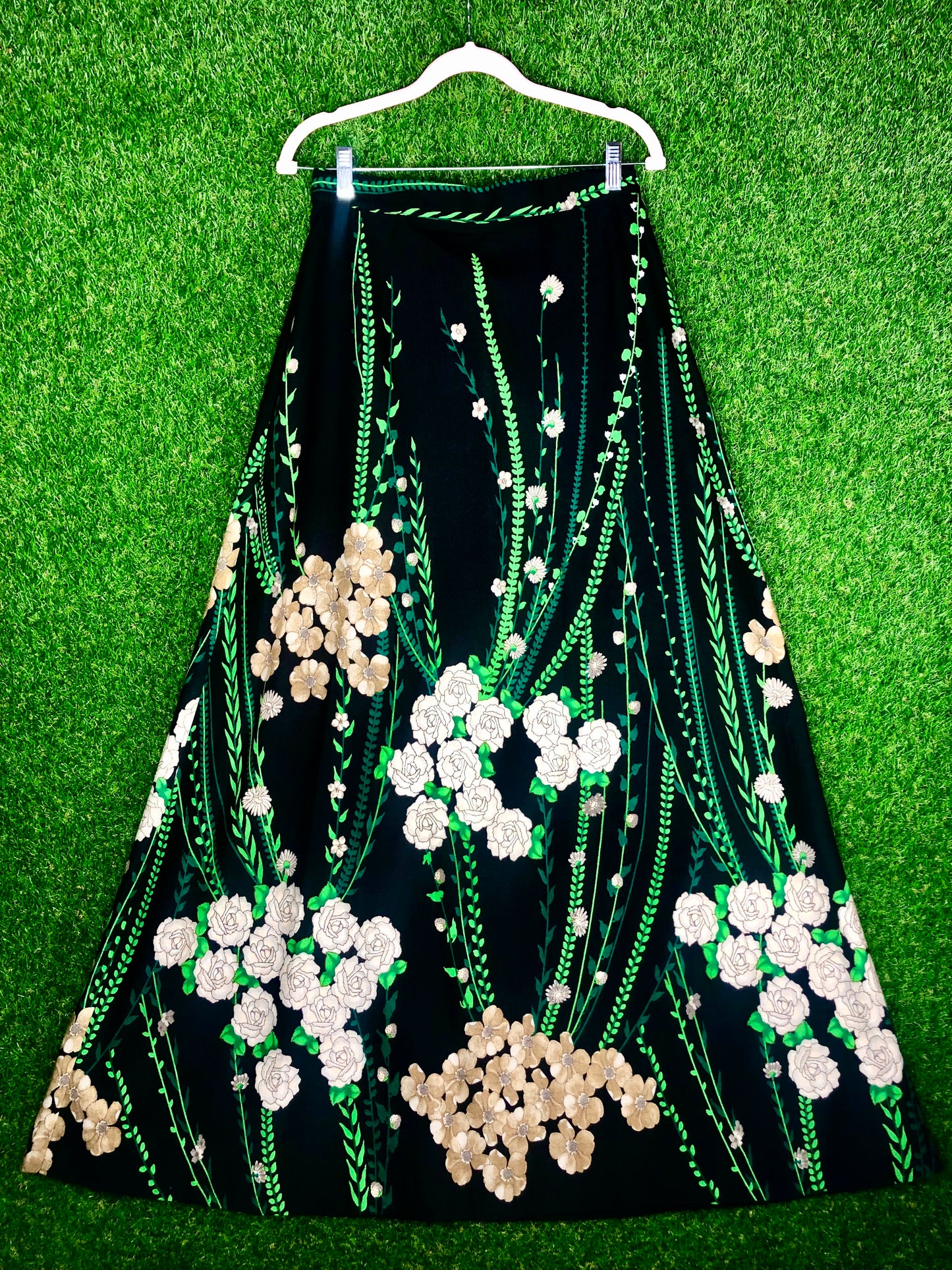 1970's Romantic Black Floral Maxi Skirt