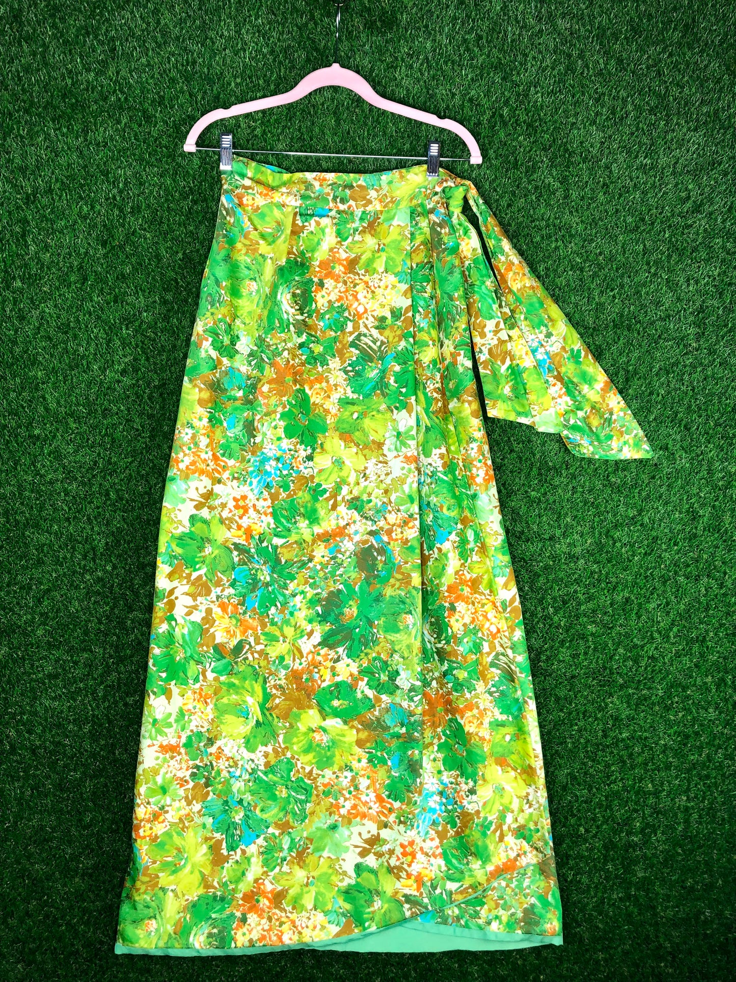 1970's Green Floral Maxi Skirt Wrap