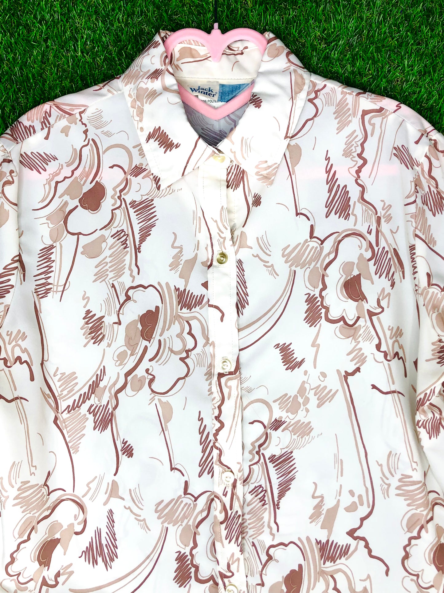 1970's Brown and Cream Abstract Cloud Print Top