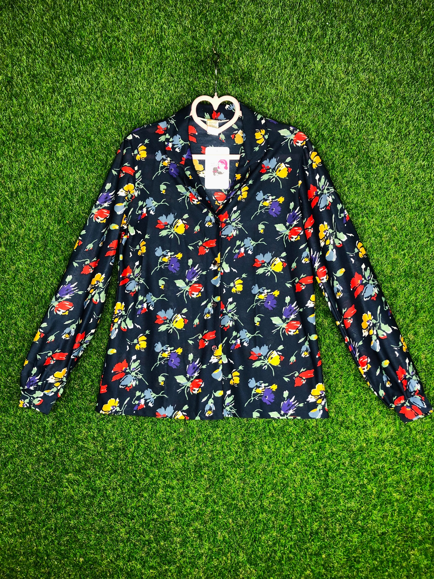 1970's Colorful Floral Navy Top