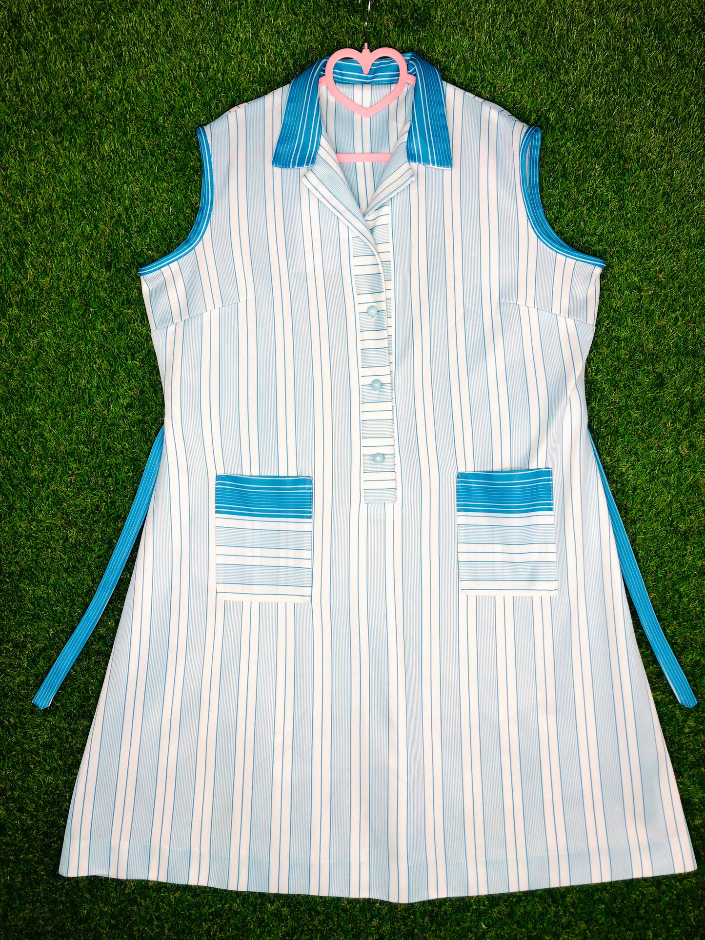 1970's Blue and White Volup Striped Dress With Pockets
