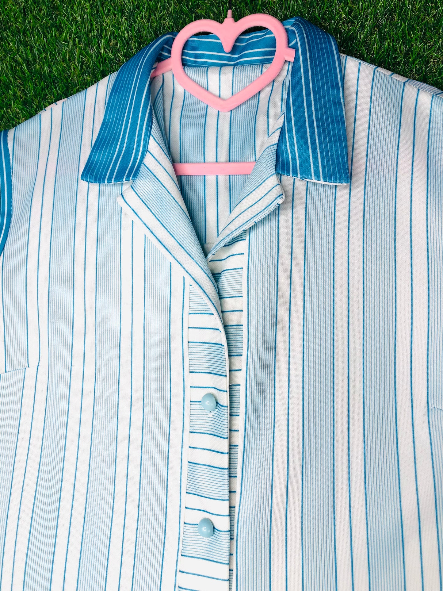 1970's Blue and White Volup Striped Dress With Pockets