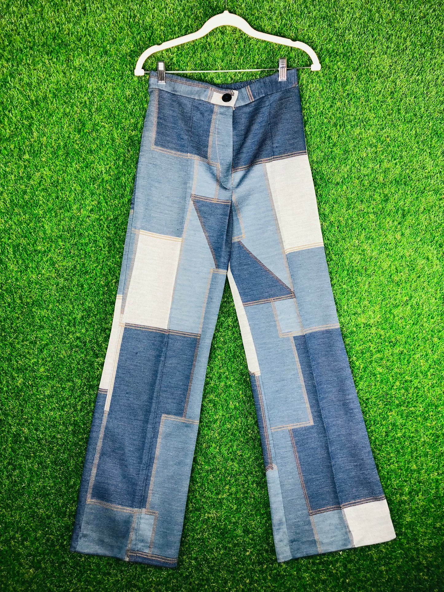 1960's 'Daisy Jones' 'Denim-Style' Polyester Patchwork Top and Pants Set