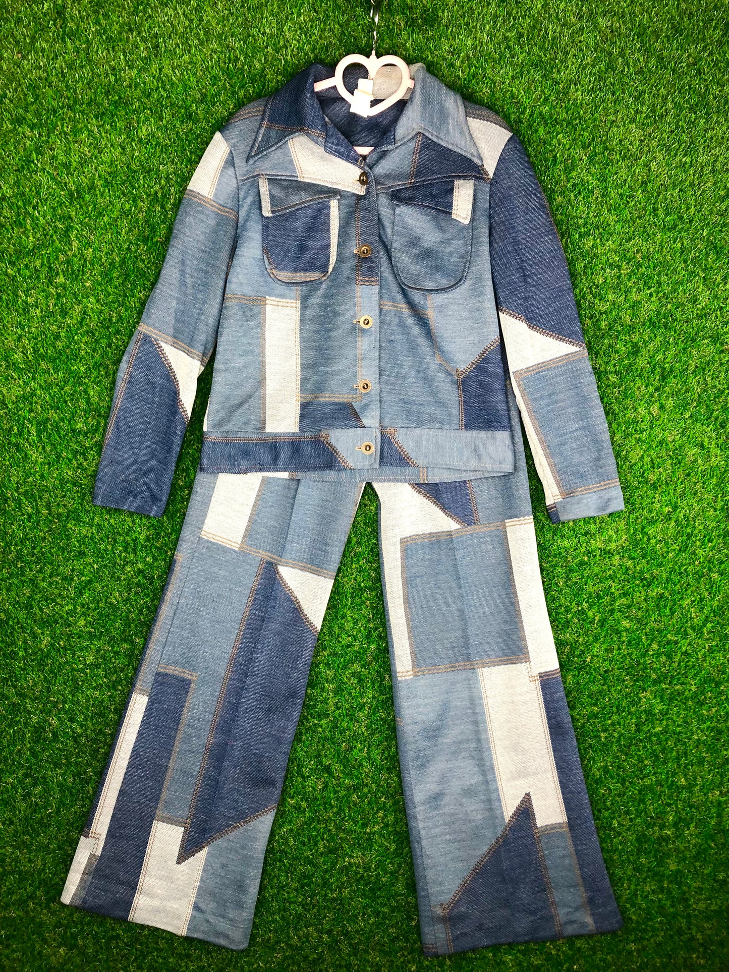 1960's 'Daisy Jones' 'Denim-Style' Polyester Patchwork Top and Pants Set