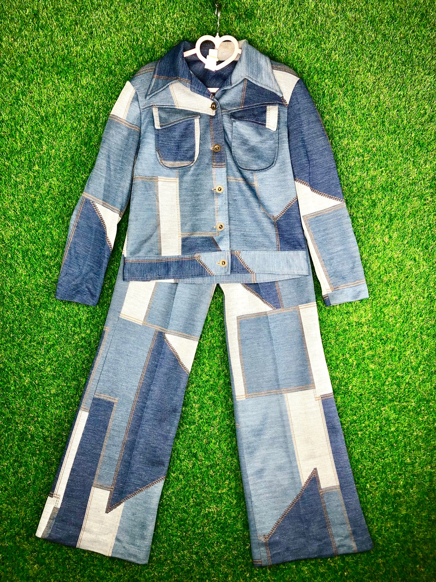 1960's 'Daisy Jones' 'Denim-Style' Polyester Patchwork Top and Pants Set