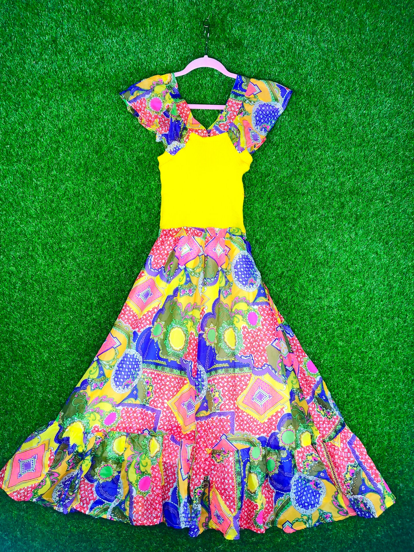 1970's Yellow Knit Psychedelic Print Dress