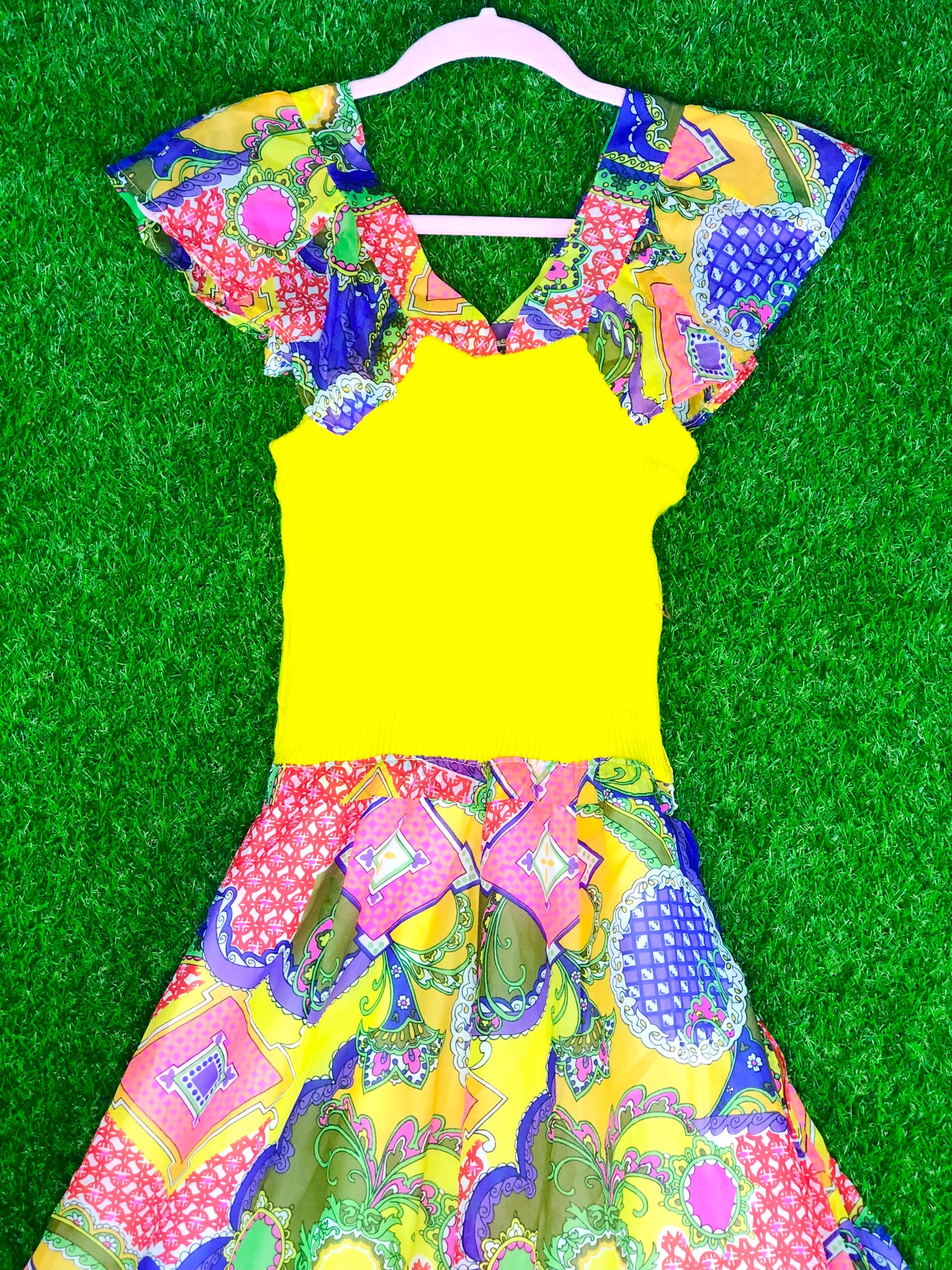 1970's Yellow Knit Psychedelic Print Dress