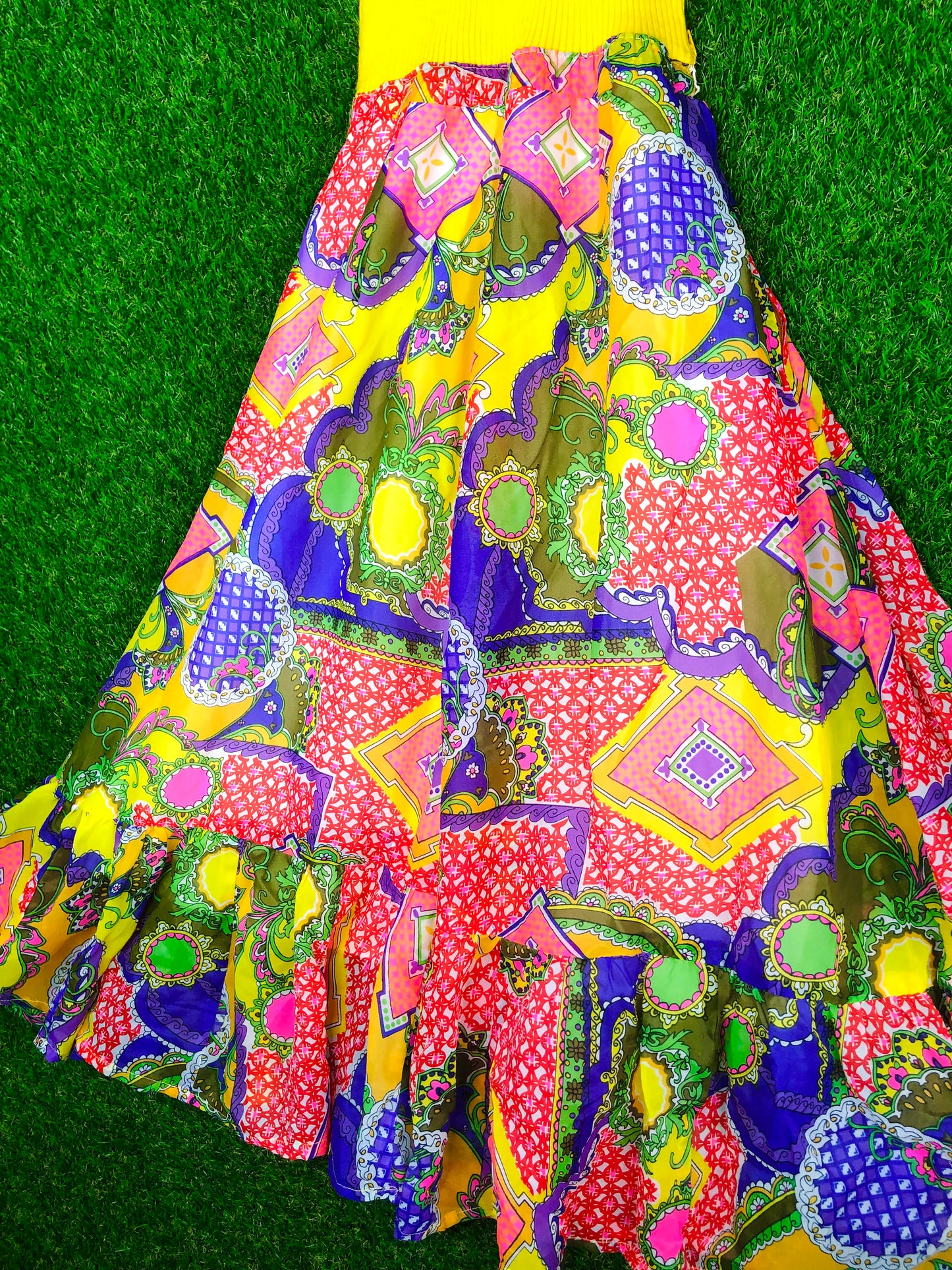 1970's Yellow Knit Psychedelic Print Dress