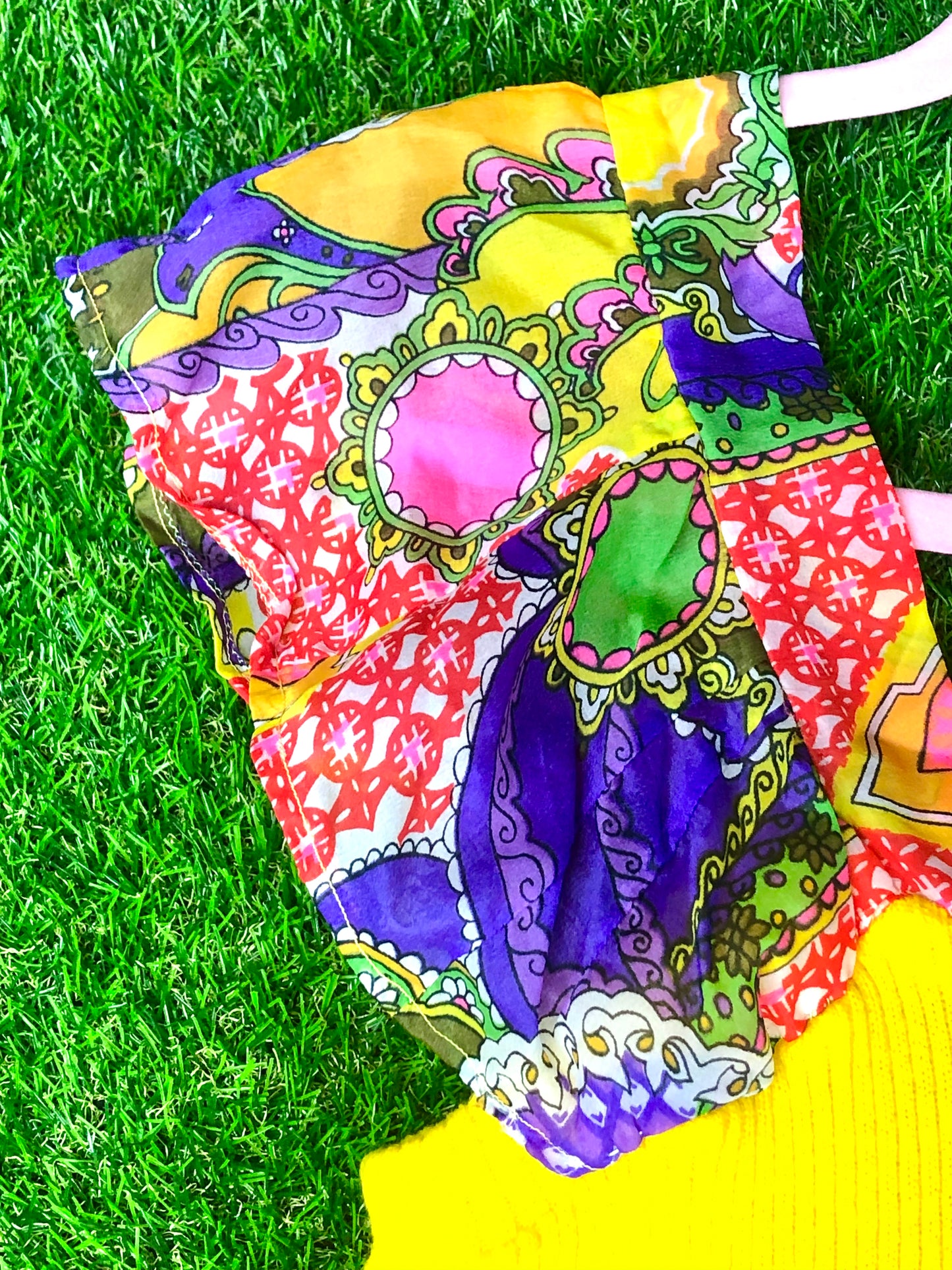1970's Yellow Knit Psychedelic Print Dress