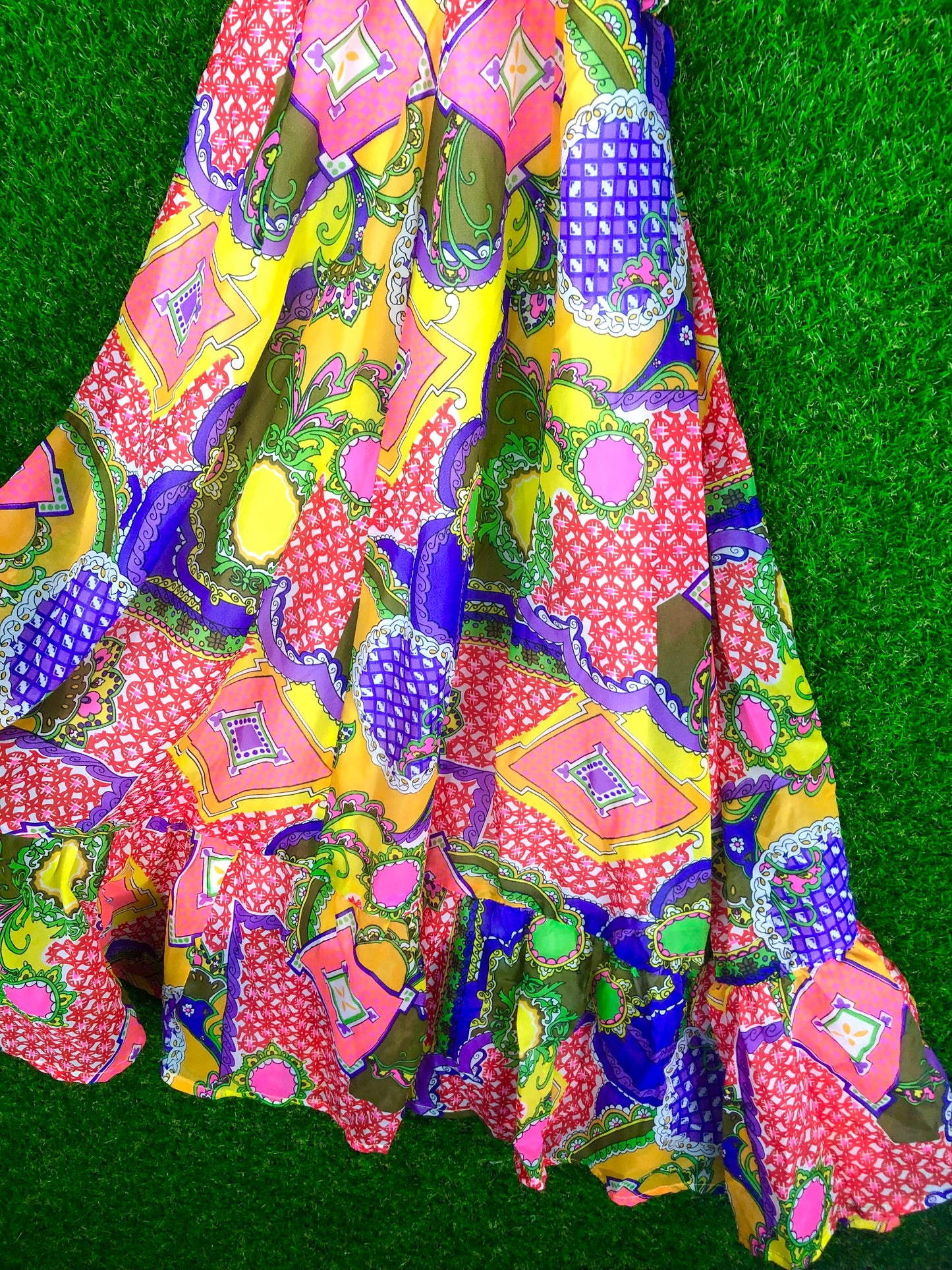 1970's Yellow Knit Psychedelic Print Dress