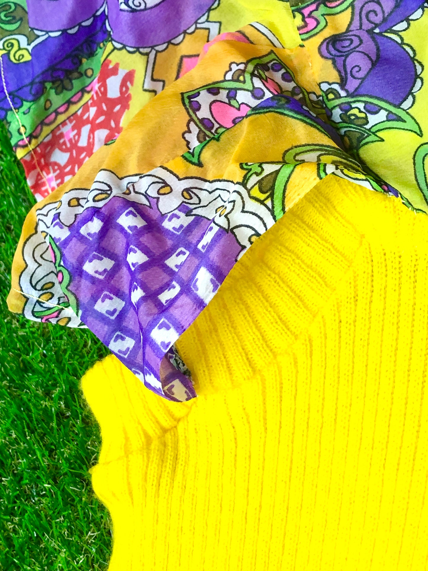 1970's Yellow Knit Psychedelic Print Dress
