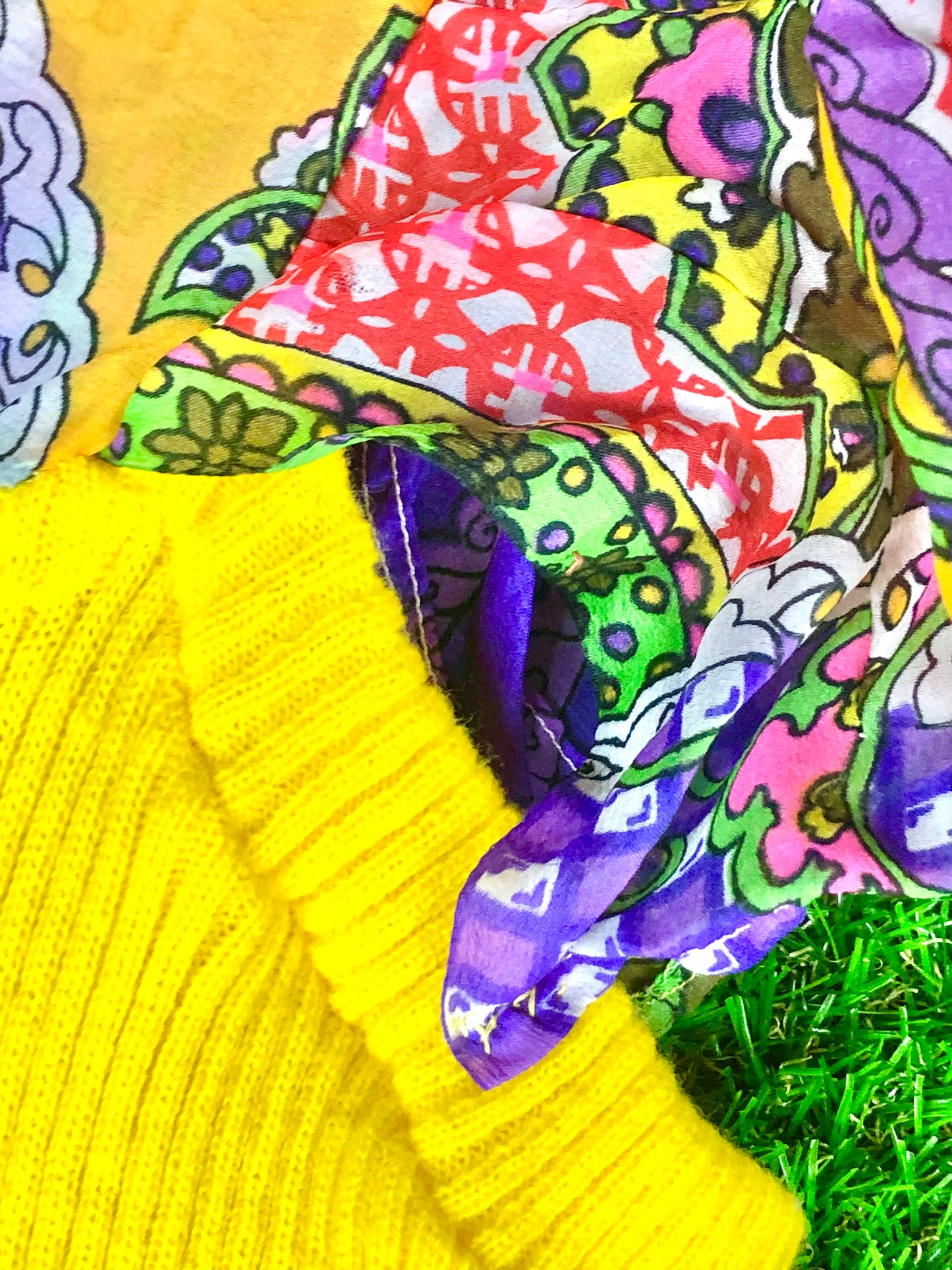 1970's Yellow Knit Psychedelic Print Dress