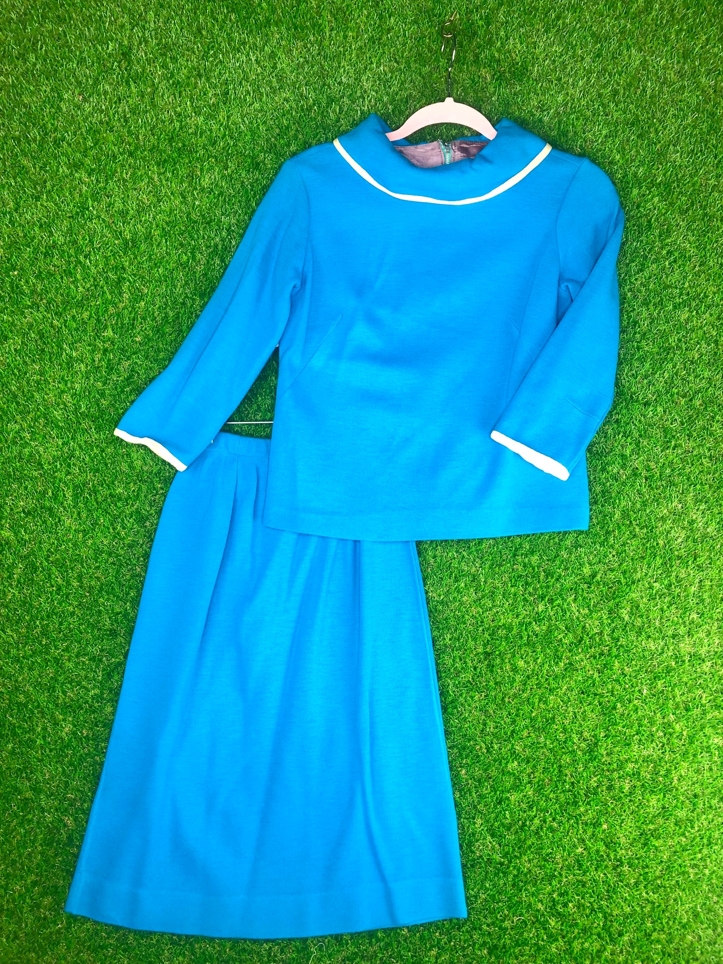 1960's Mary Tyler Moor Sky-Blue Top and Skirt Set