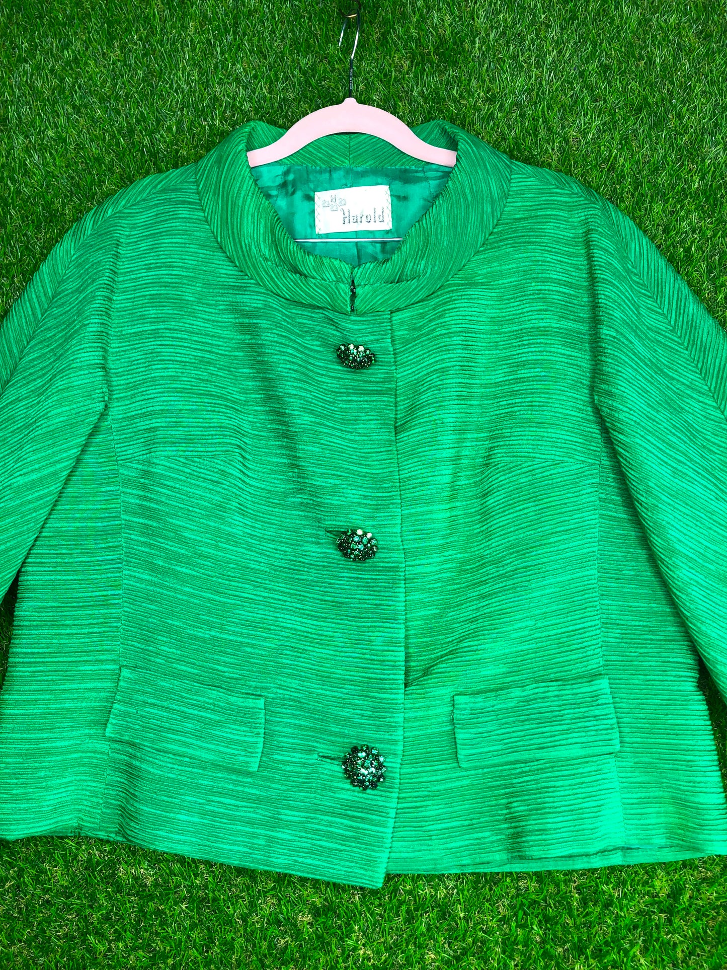 1960's Stylish Green Skirt and Jacket Suit With Ornamental Buttons