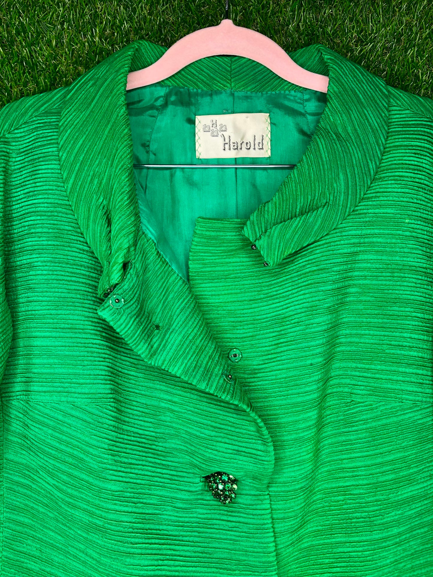 1960's Stylish Green Skirt and Jacket Suit With Ornamental Buttons