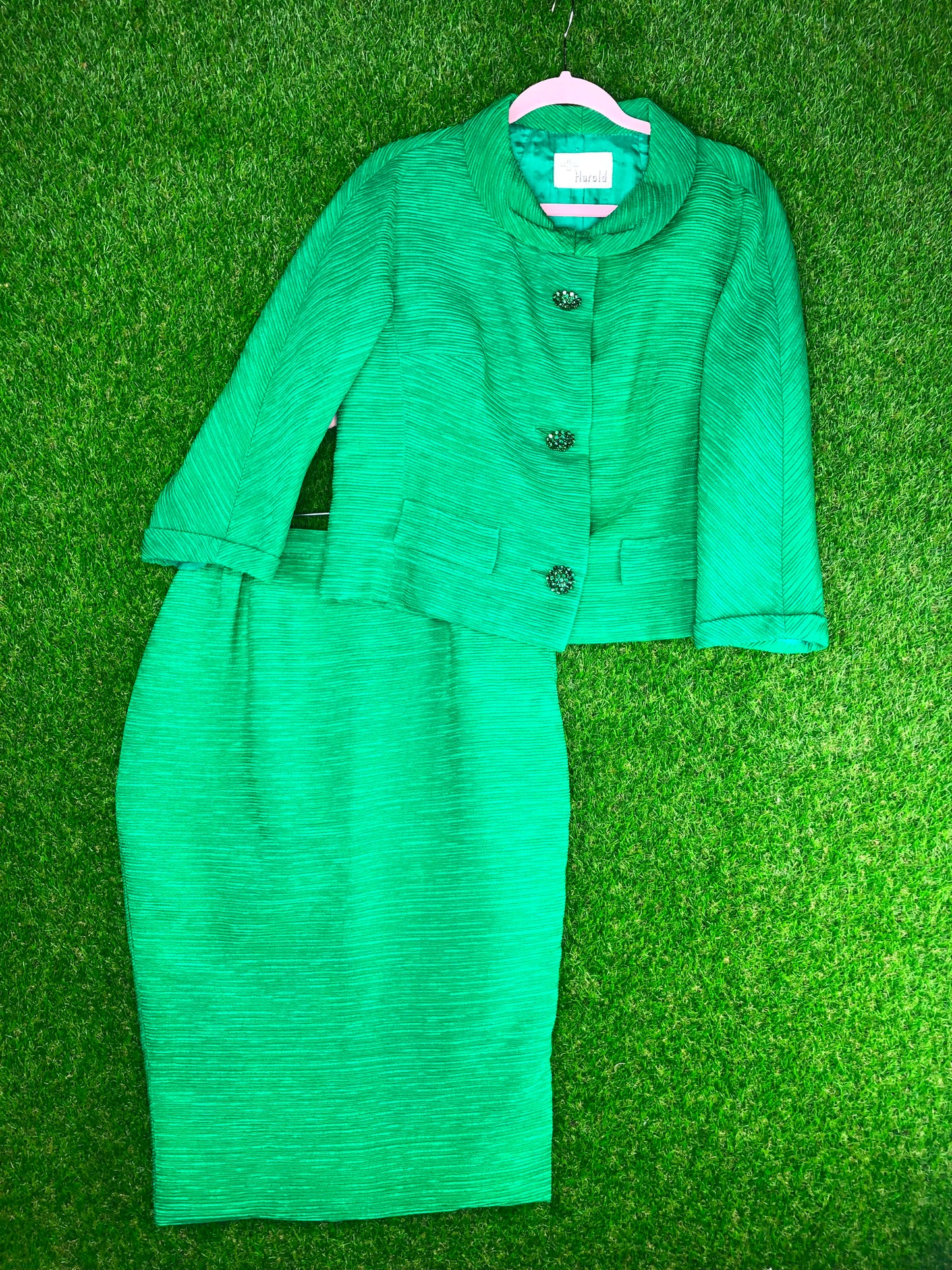 1960's Stylish Green Skirt and Jacket Suit With Ornamental Buttons