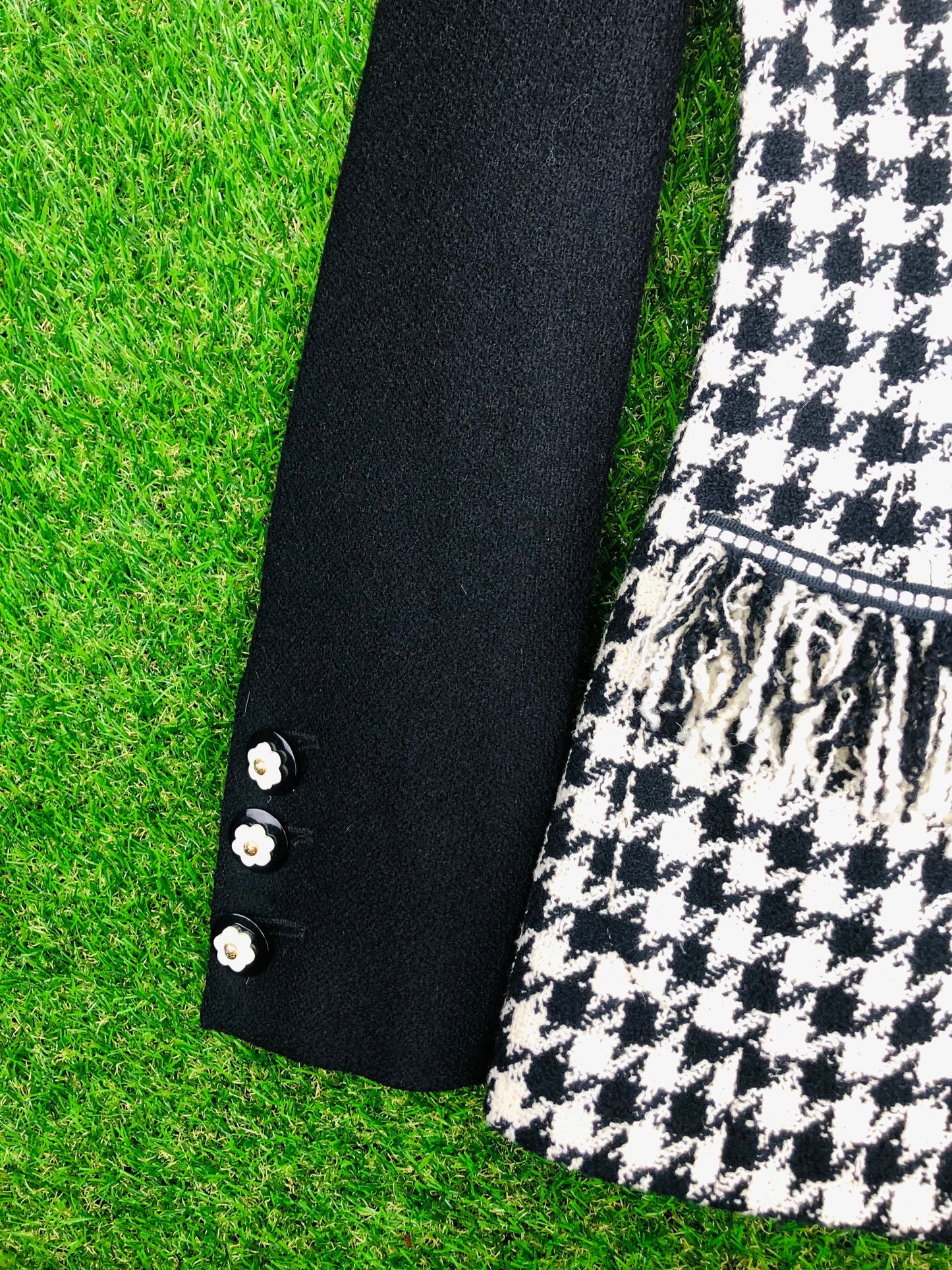 1990's Designer Gemma Kahn Black and White Houndstooth Jacket With Daisy Buttons