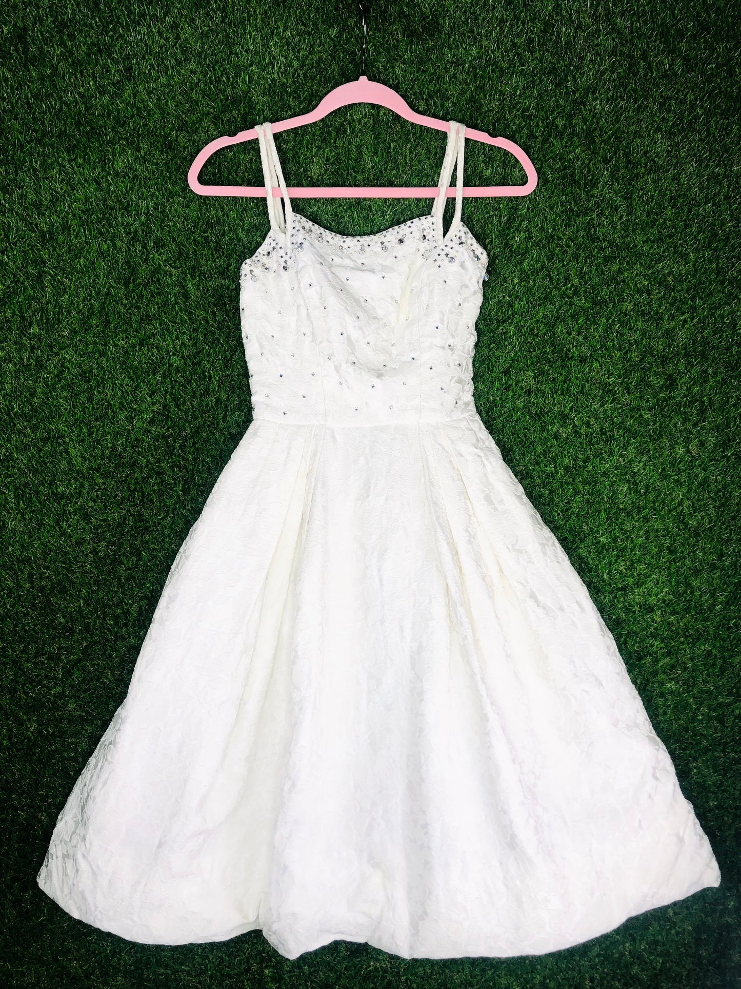 1950's Grace Kelly-Worthy White Rhinestone Wedding Day Party Dress