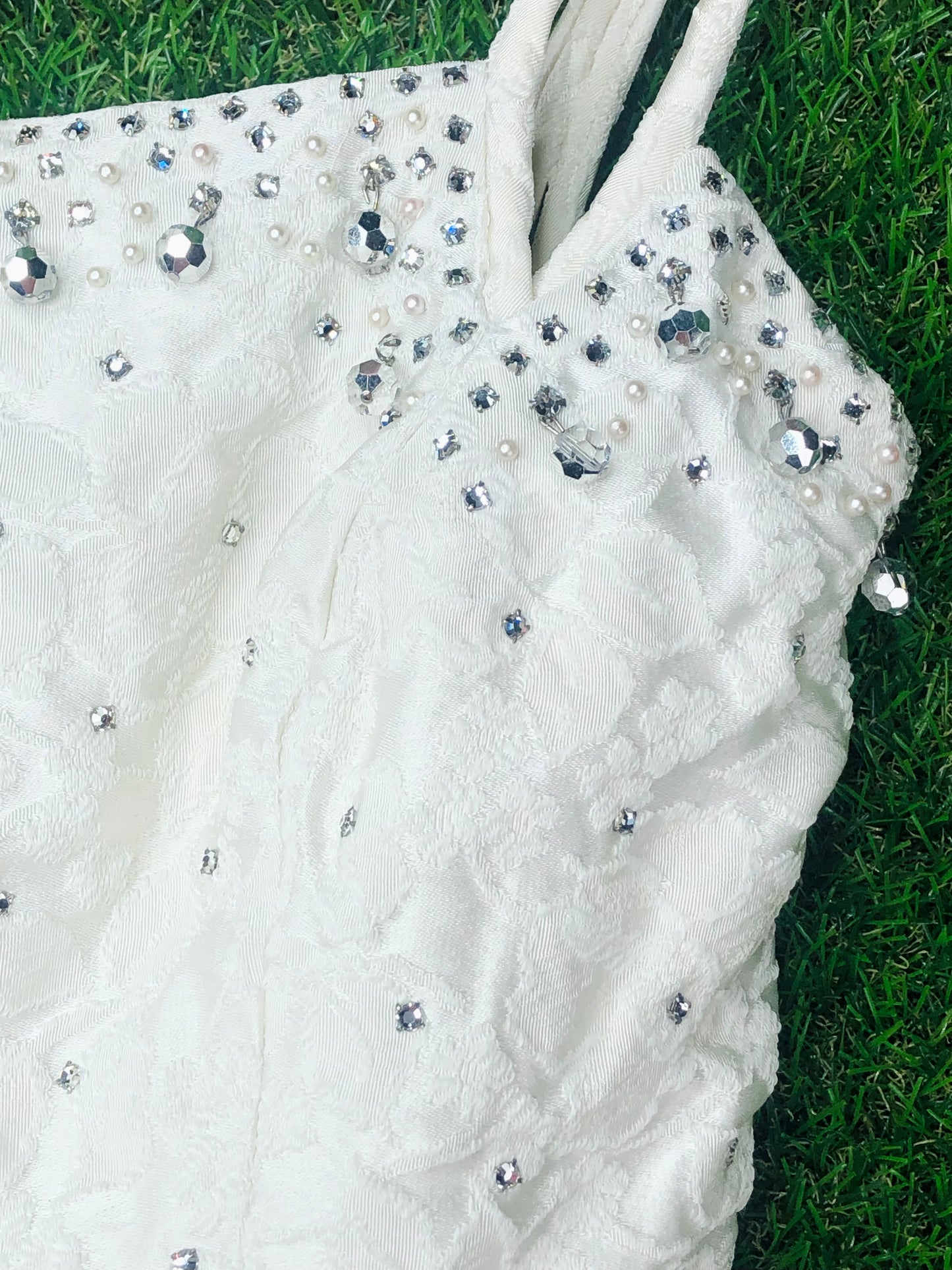 1950's Grace Kelly-Worthy White Rhinestone Wedding Day Party Dress