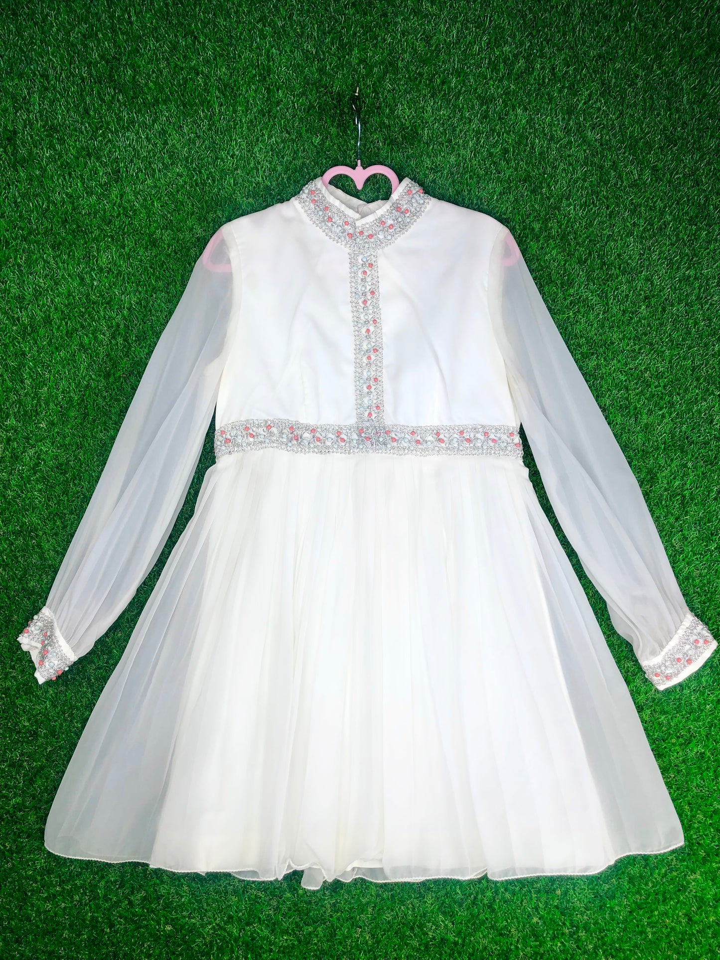 1970's Formal White Beaded Dress With Silver Accents