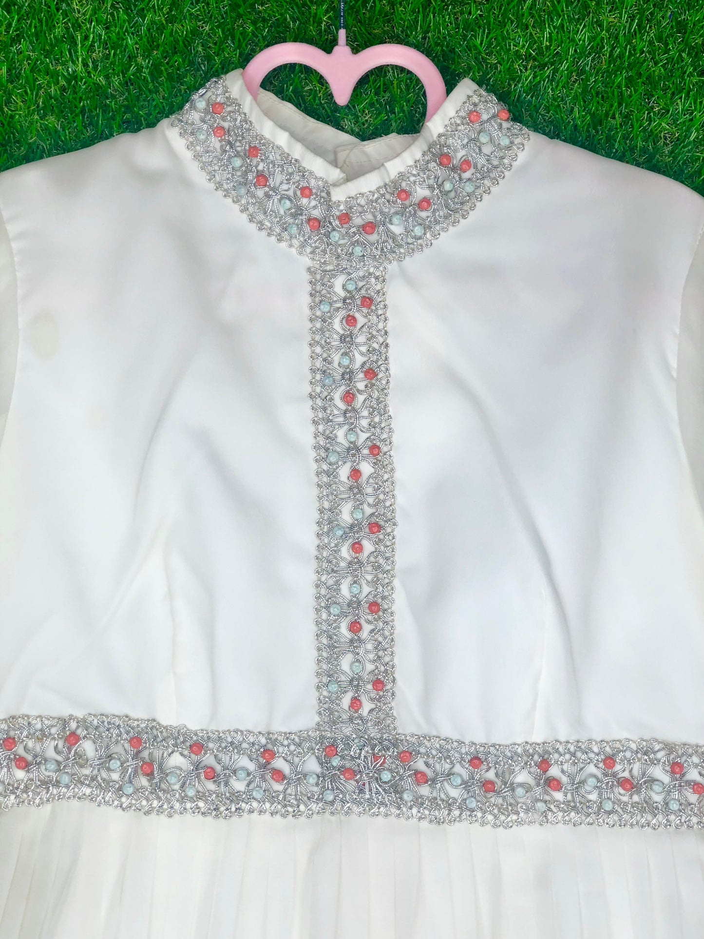 1970's Formal White Beaded Dress With Silver Accents