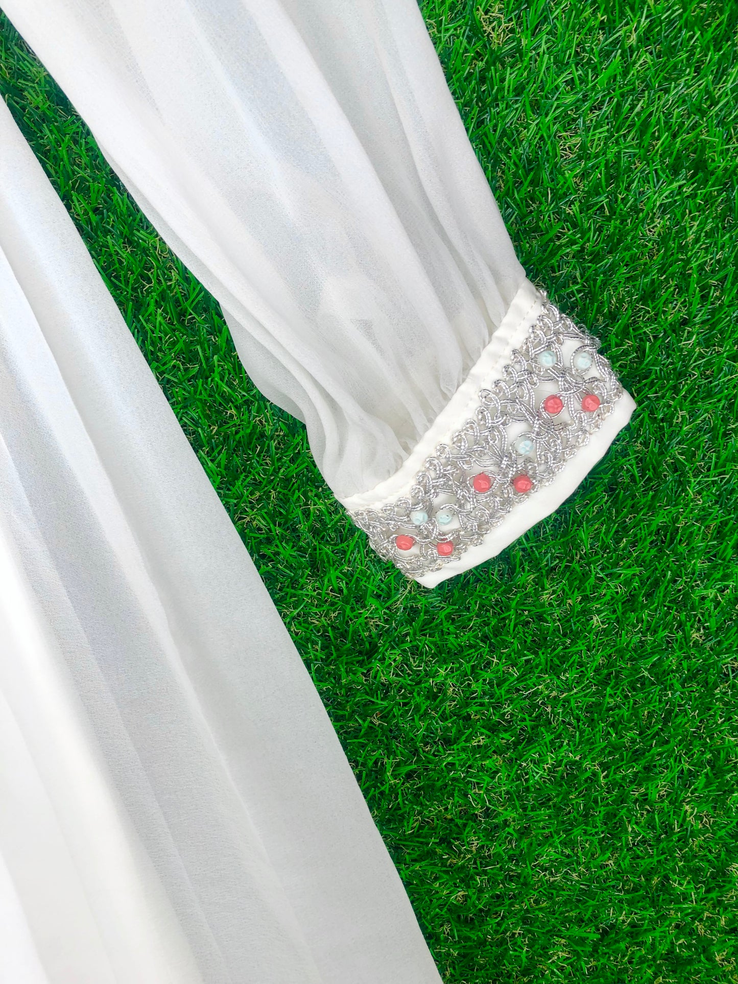 1970's Formal White Beaded Dress With Silver Accents