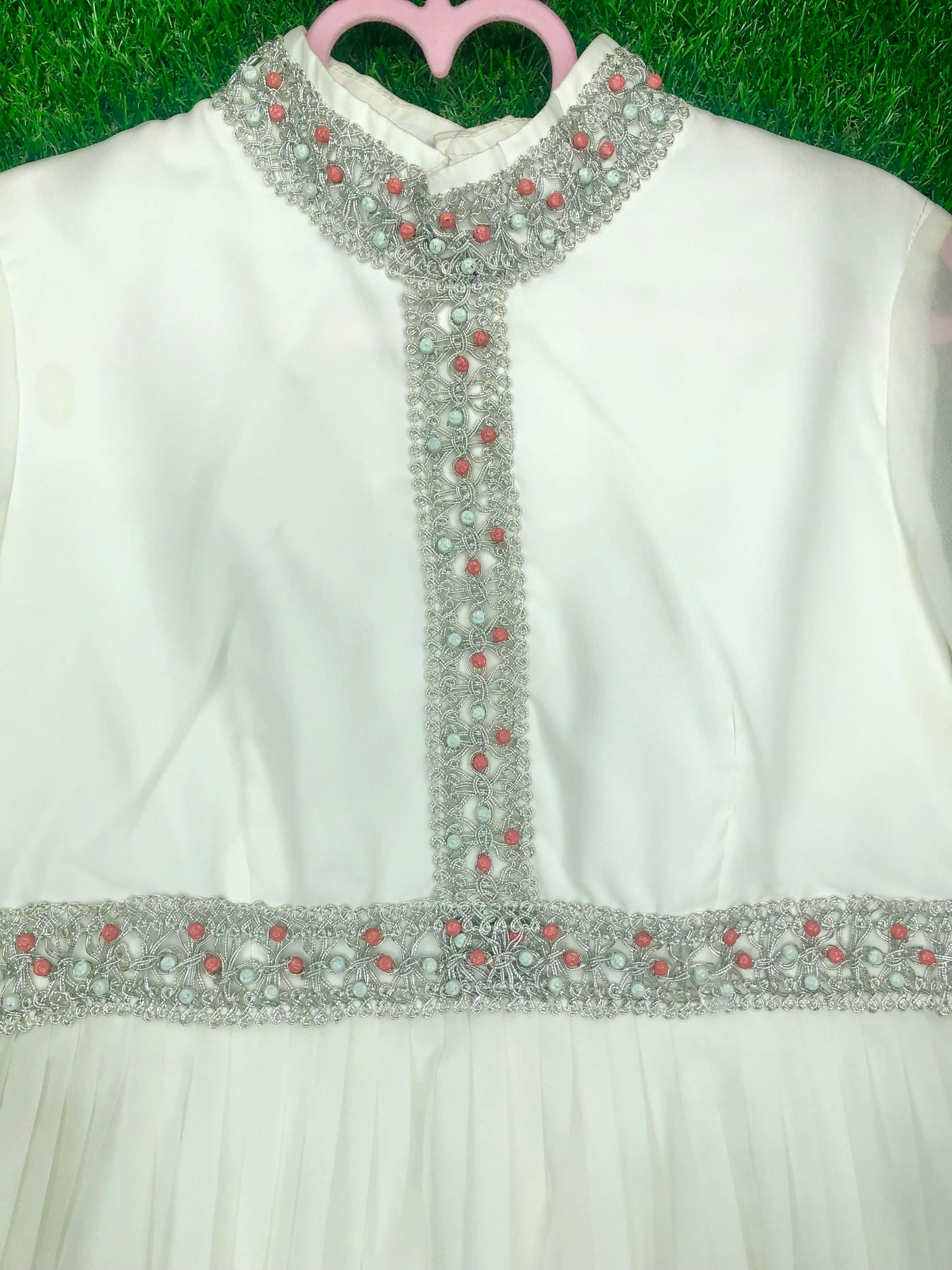 1970's Formal White Beaded Dress With Silver Accents