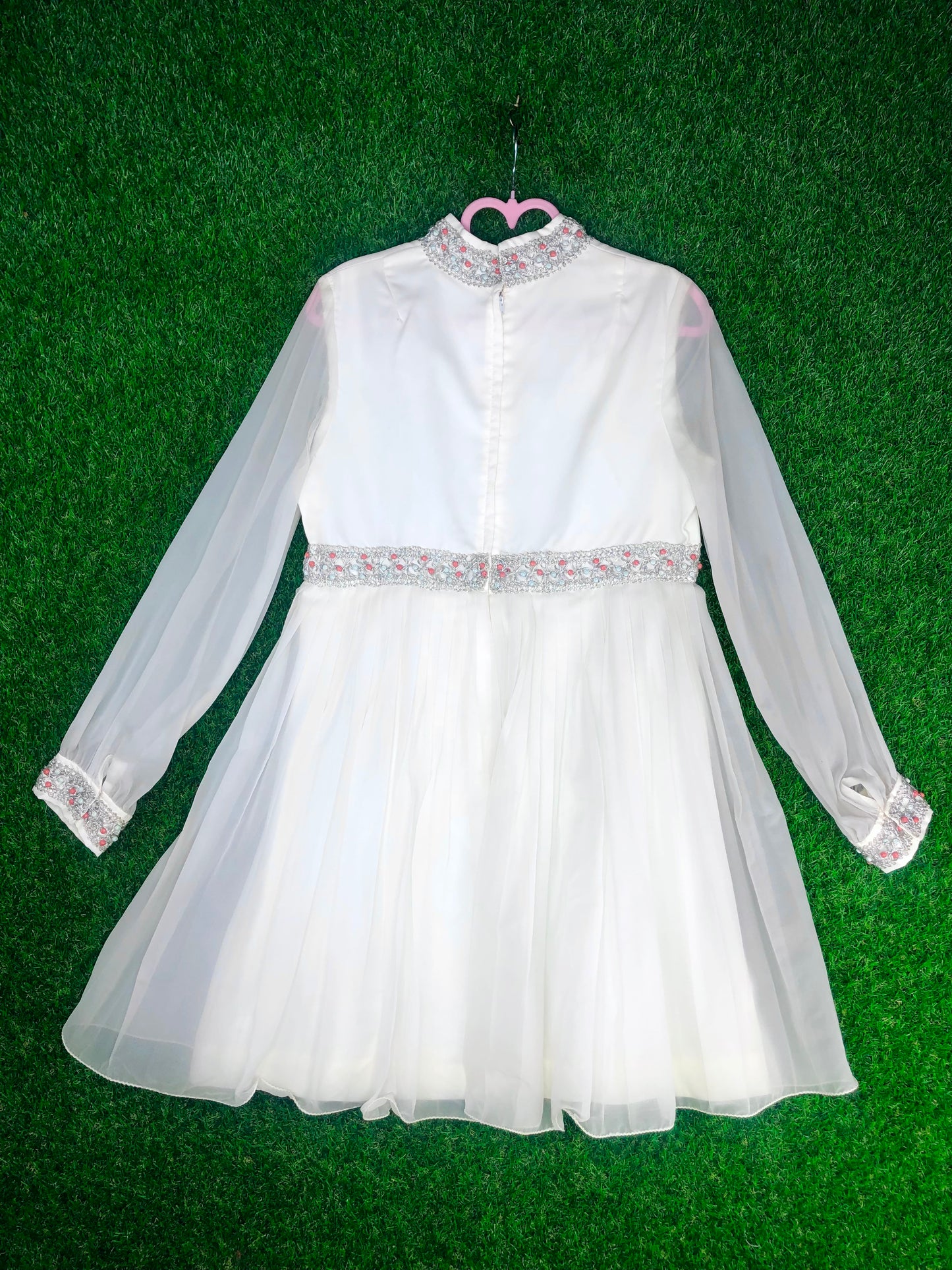 1970's Formal White Beaded Dress With Silver Accents