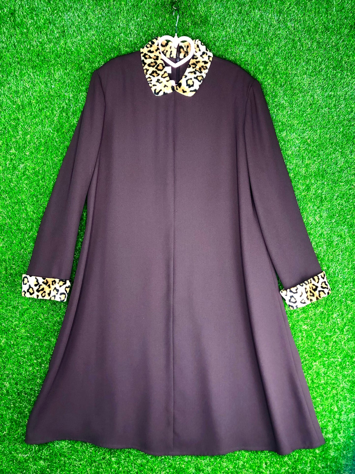 1990's Chocolate Brown Dress with Leopard Collar and Cuffs