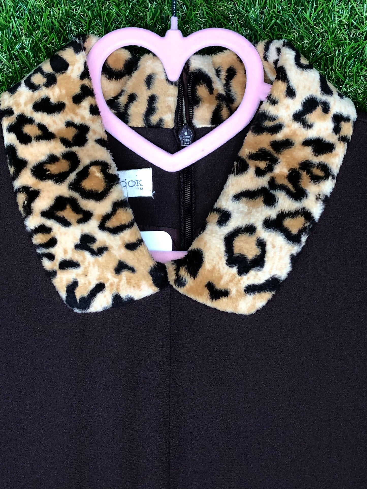 1990's Chocolate Brown Dress with Leopard Collar and Cuffs