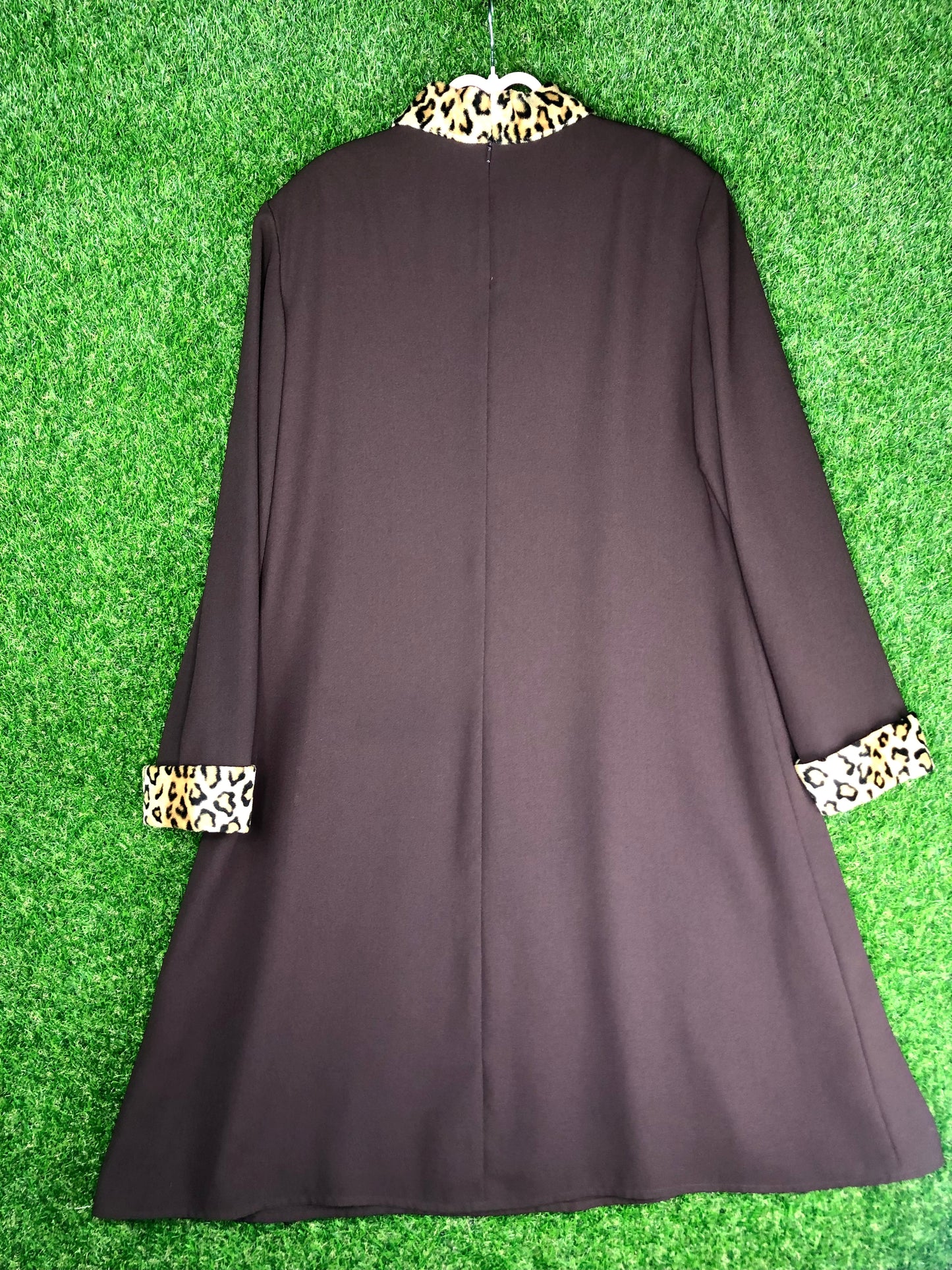 1990's Chocolate Brown Dress with Leopard Collar and Cuffs