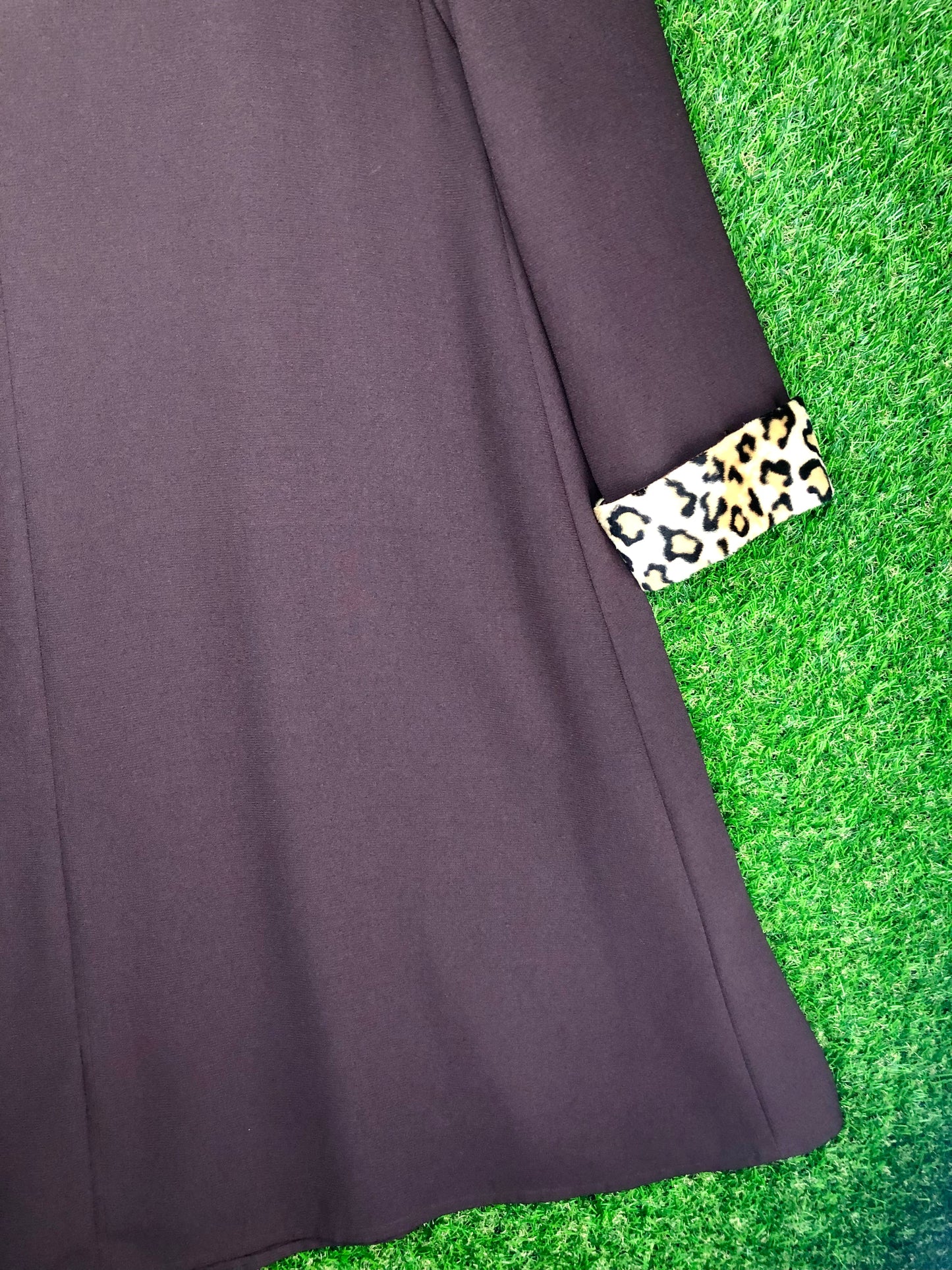 1990's Chocolate Brown Dress with Leopard Collar and Cuffs