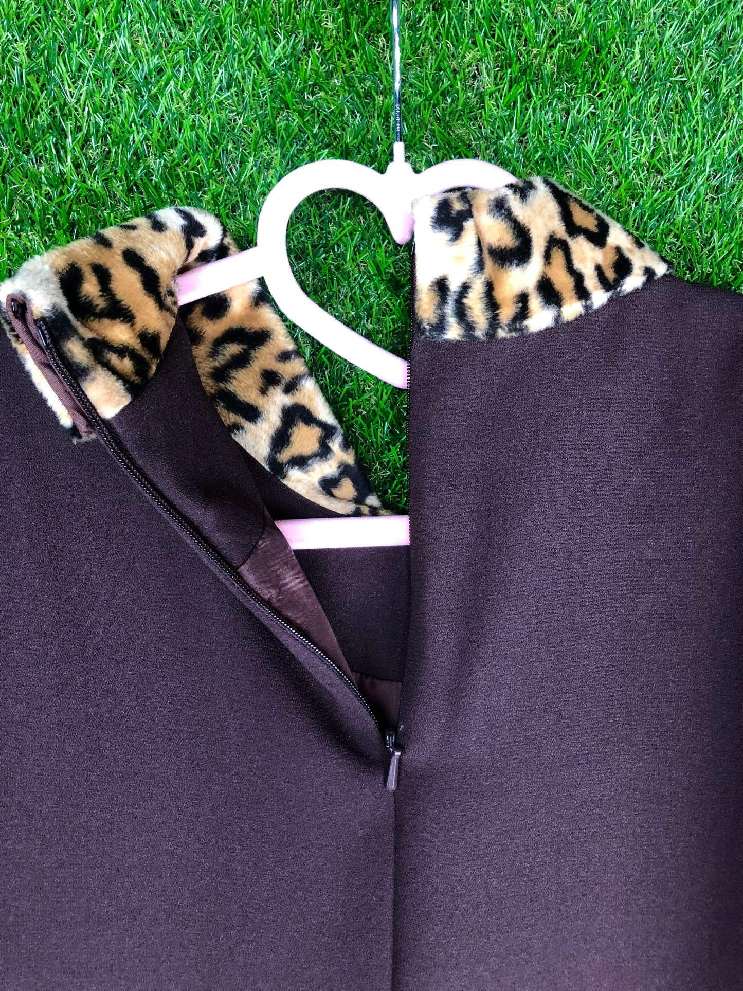 1990's Chocolate Brown Dress with Leopard Collar and Cuffs