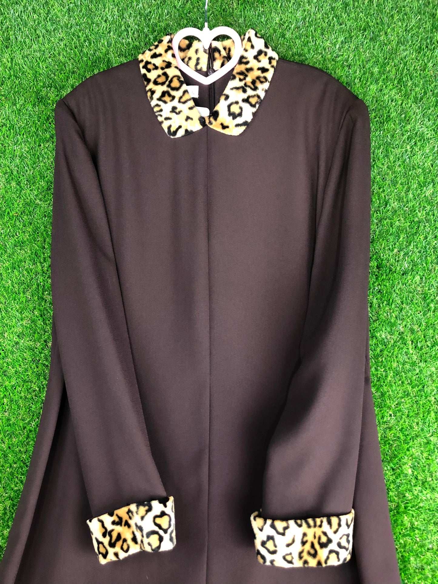 1990's Chocolate Brown Dress with Leopard Collar and Cuffs