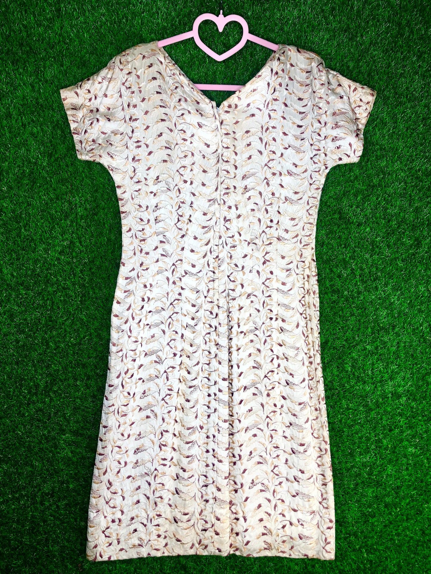 1950's Brown and Cream Embroidered Wiggle Dress