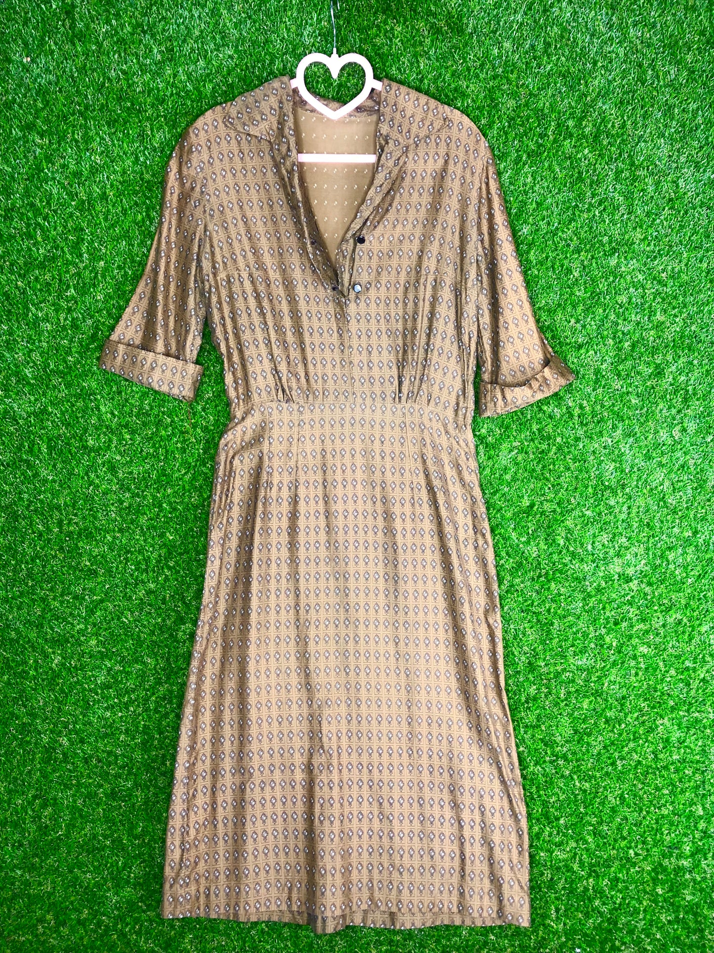 1950's Olive Green Printed Dress