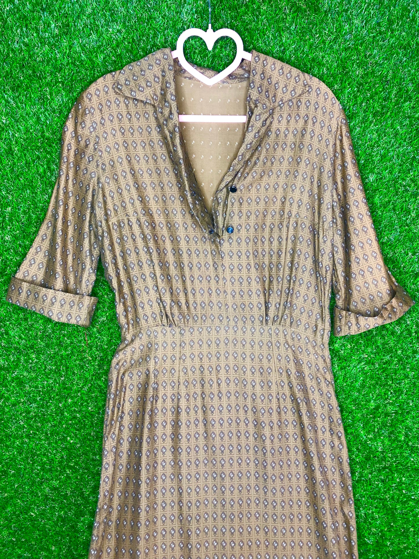 1950's Olive Green Printed Dress
