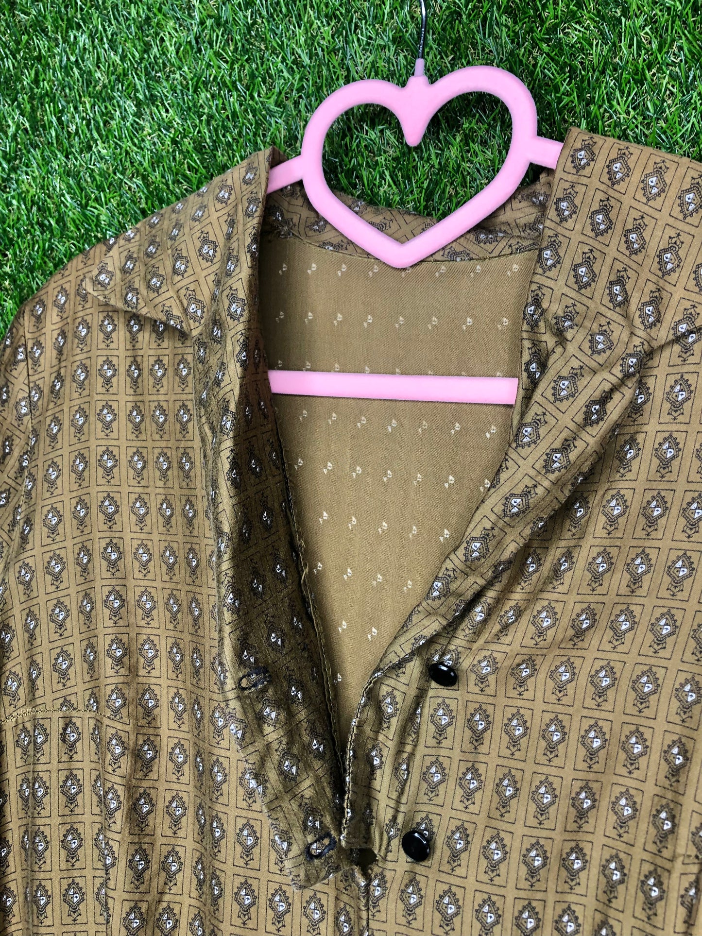1950's Olive Green Printed Dress