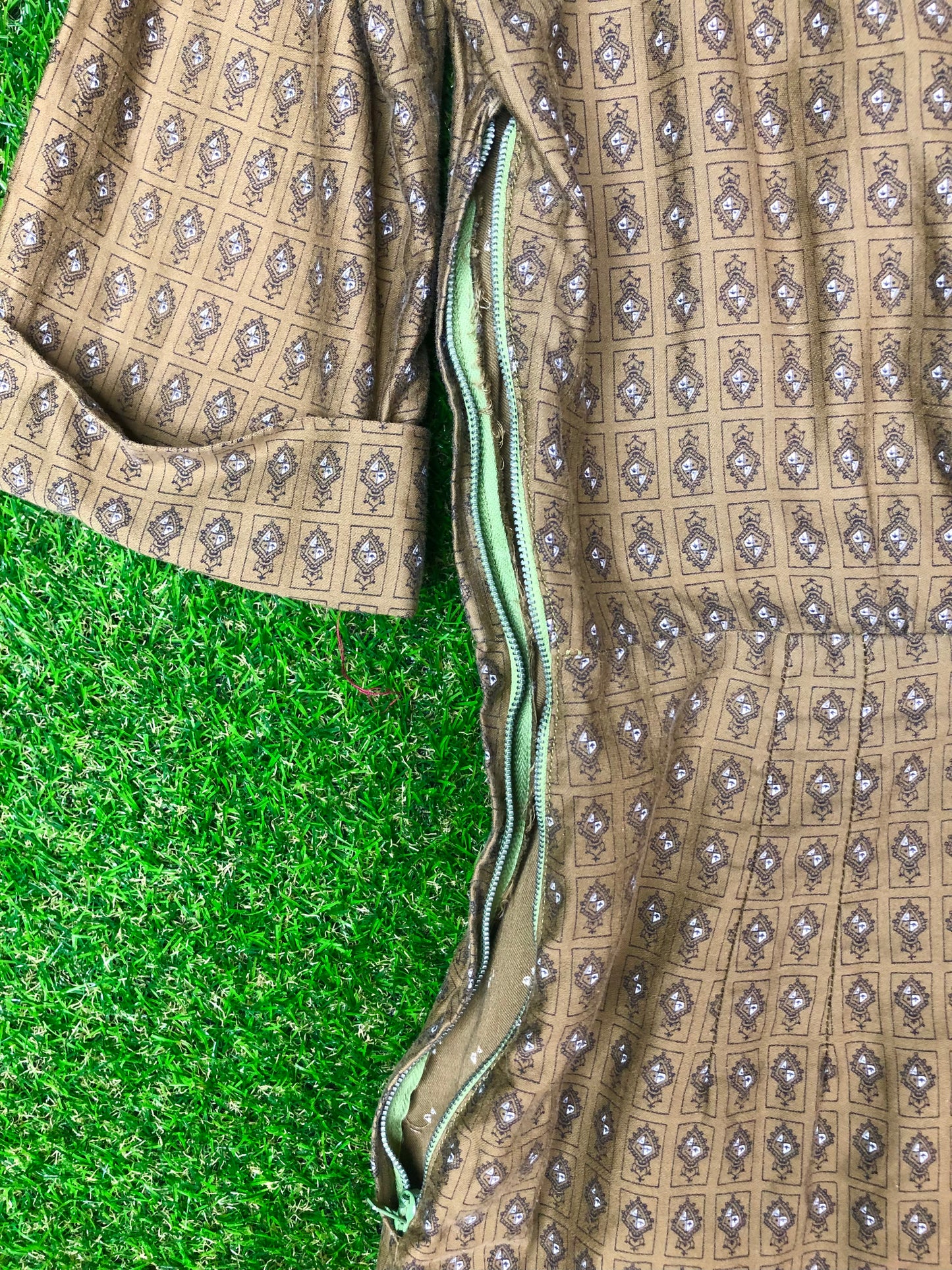 1950's Olive Green Printed Dress