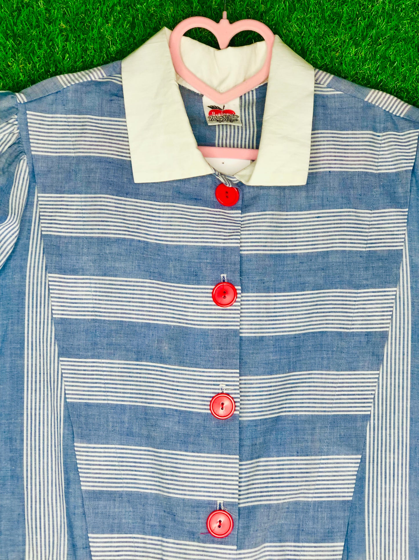 1980's Casual Striped Blue Dress With Red Buttons