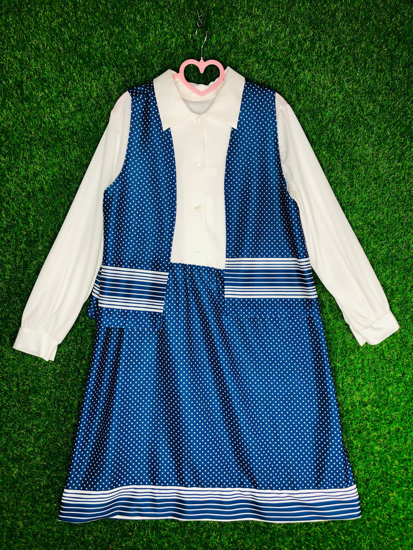 1970's Blue and White Volup Dress With Matching Vest