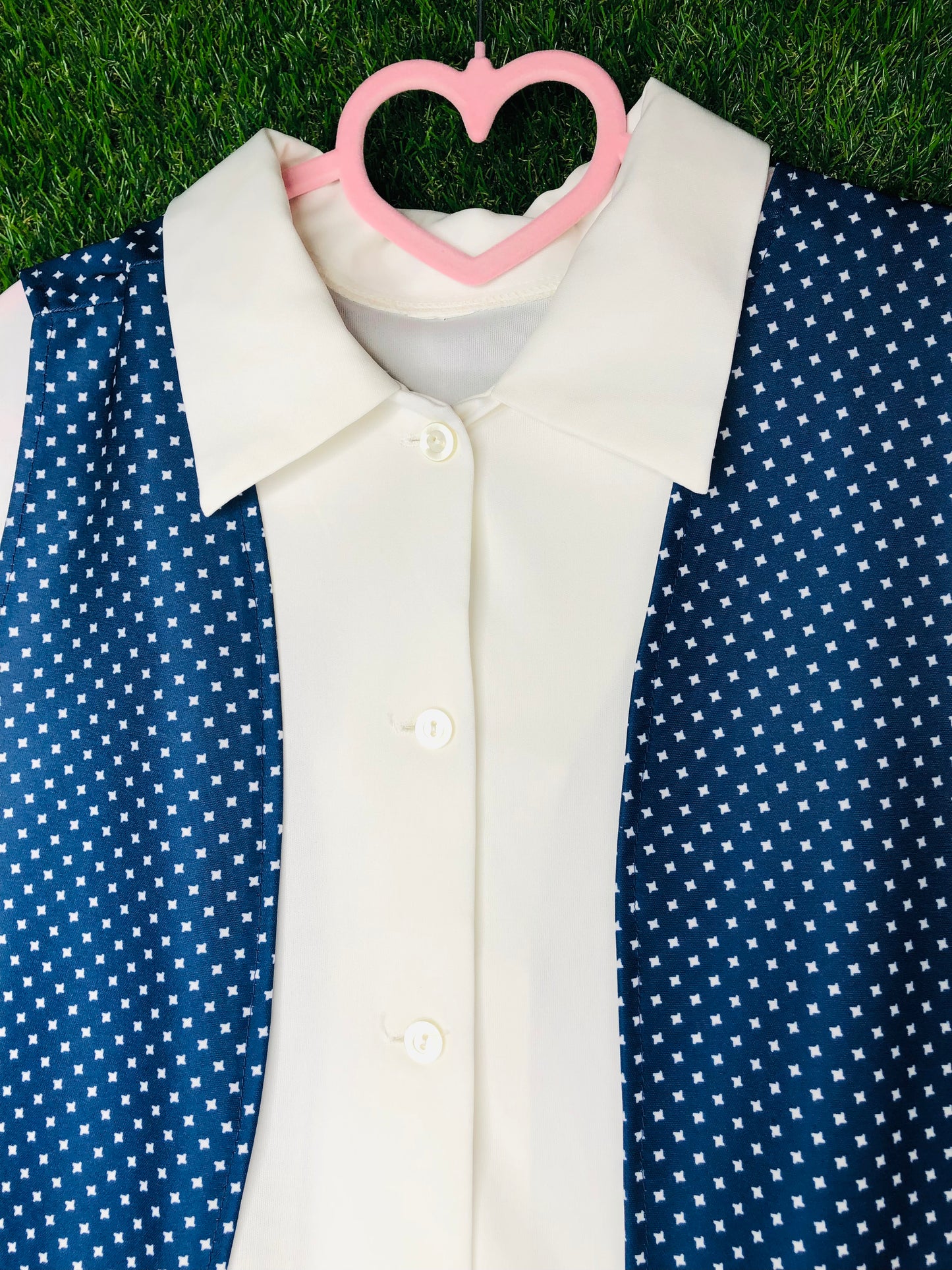 1970's Blue and White Volup Dress With Matching Vest