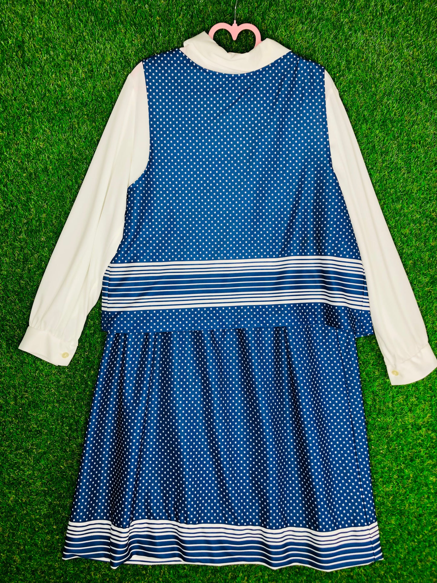 1970's Blue and White Volup Dress With Matching Vest