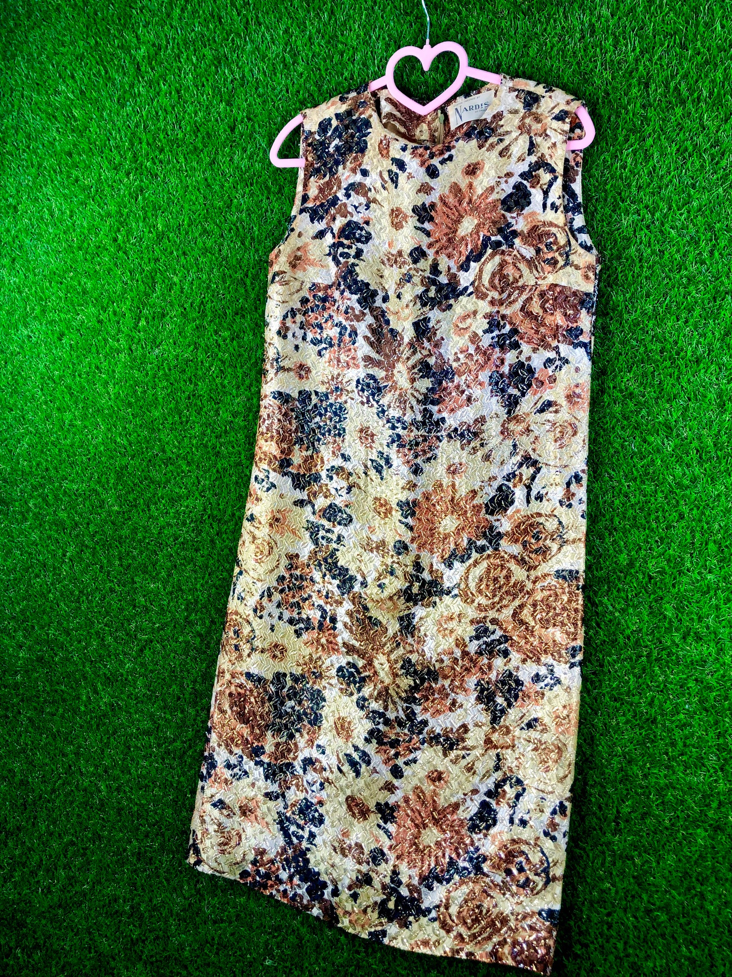 1960's Gold Floral Cocktail Shift Dress