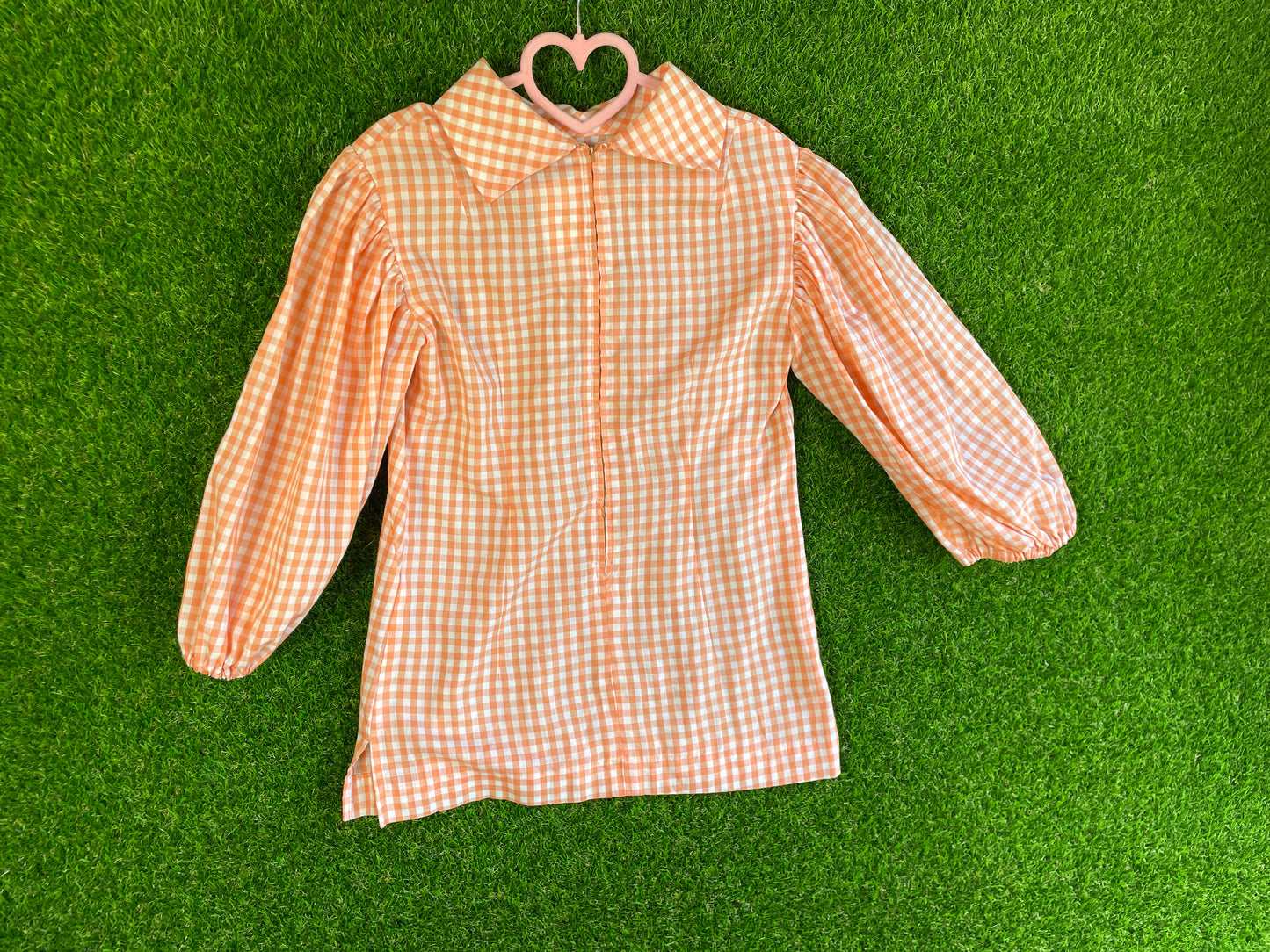 1970's Puffy Sleeved Sherbet Orange Gingham Top