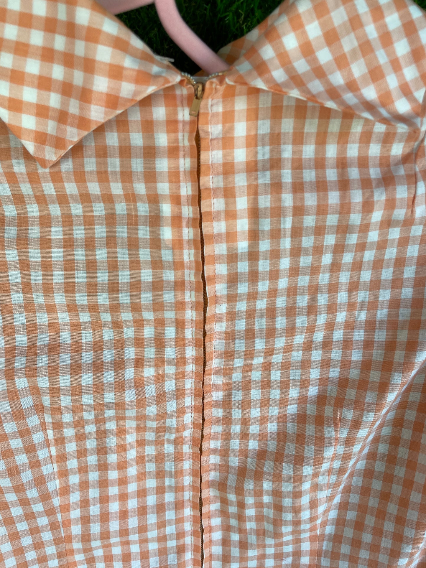 1970's Puffy Sleeved Sherbet Orange Gingham Top