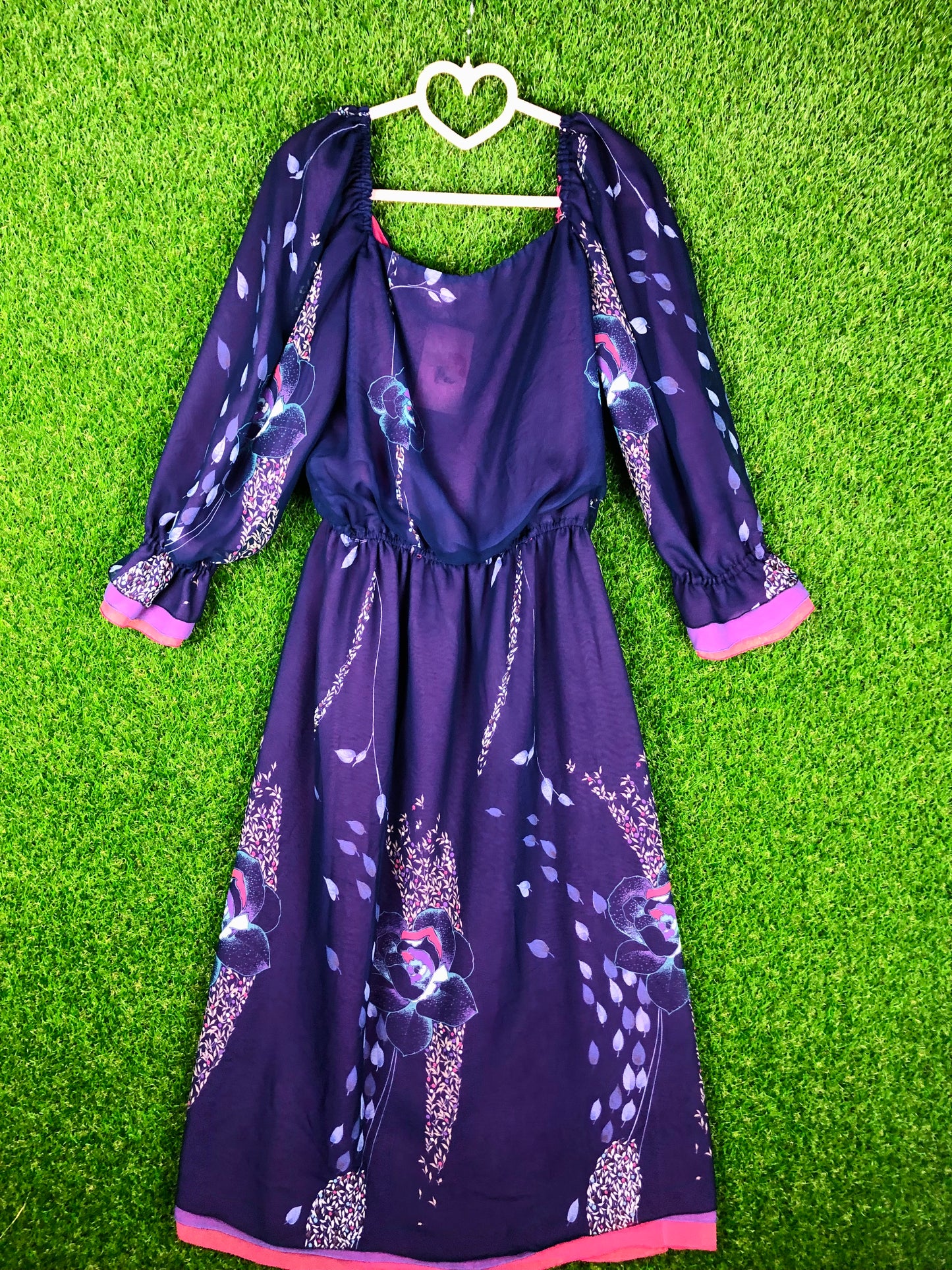 1980's Purple Floral Dress With Elastic Waist