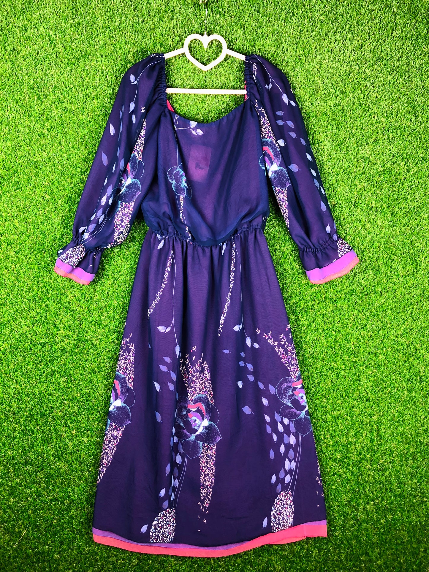 1980's Purple Floral Dress With Elastic Waist