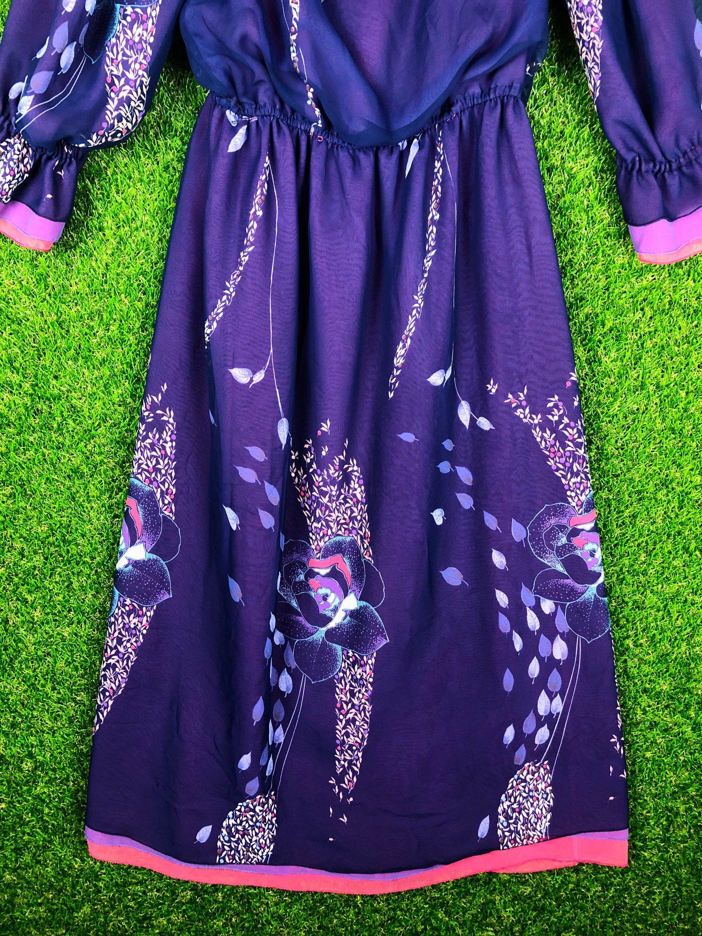 1980's Purple Floral Dress With Elastic Waist